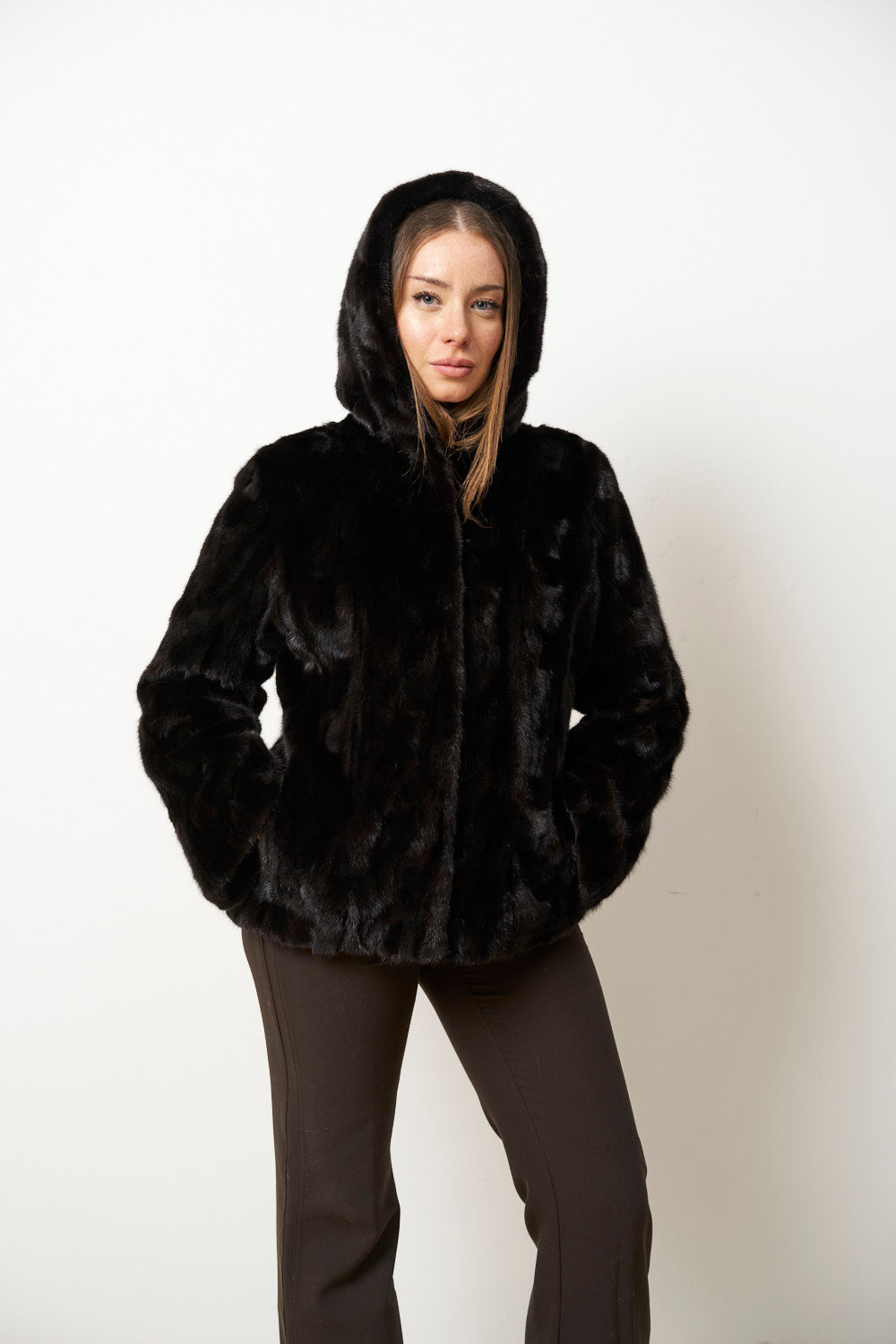 Haină din Blană Naturală de Vizon cu Glugă pentru Femei, Cambrata, Neagra, Mareus