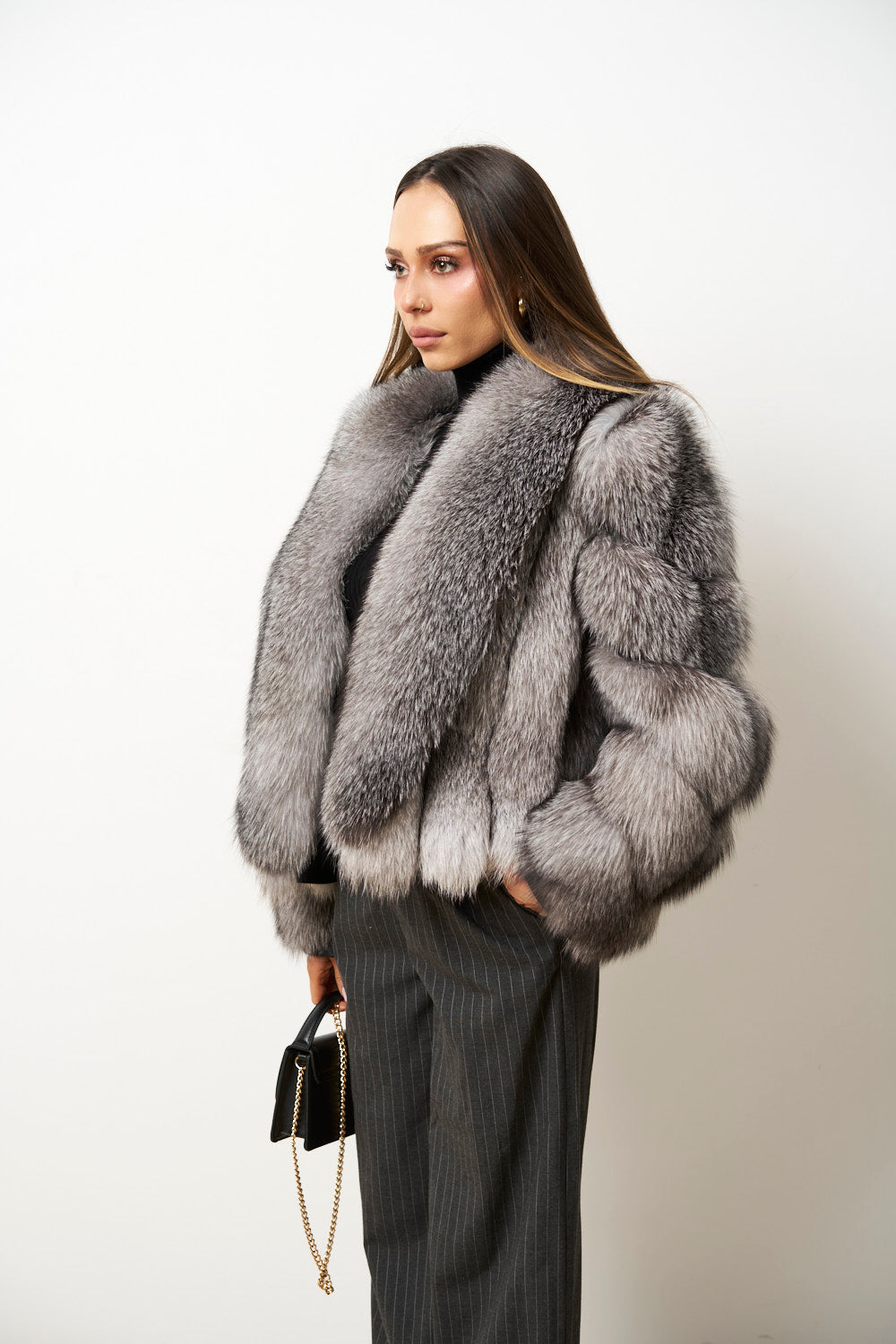 Haină din Blană Naturală de Vulpe pentru Femei, Argintie, Gri, Mareus