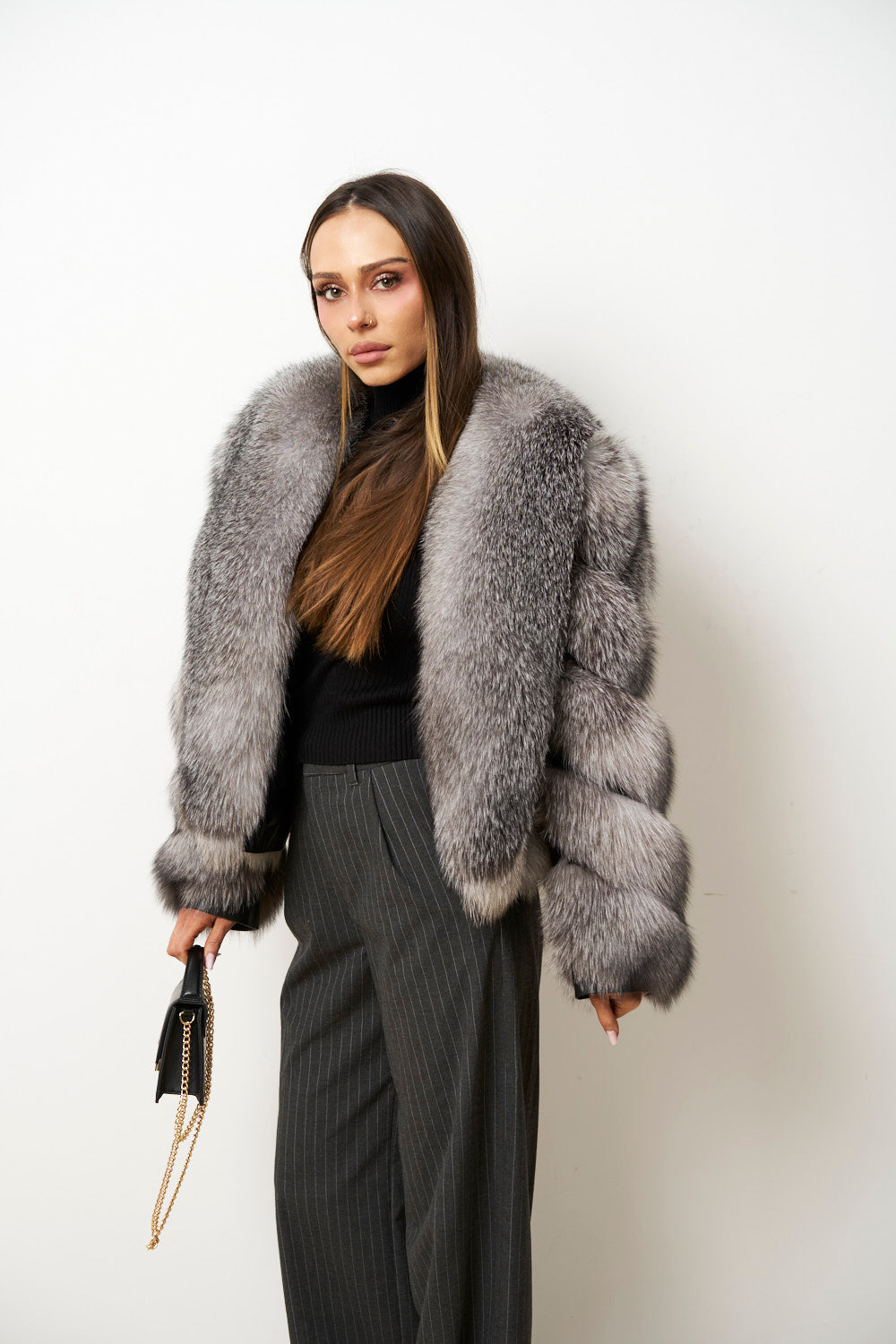 Haină din Blană Naturală de Vulpe pentru Femei, Argintie, Gri, Mareus