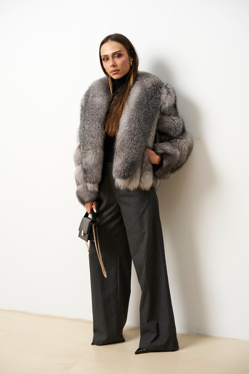 Haină din Blană Naturală de Vulpe pentru Femei, Argintie, Gri, Mareus