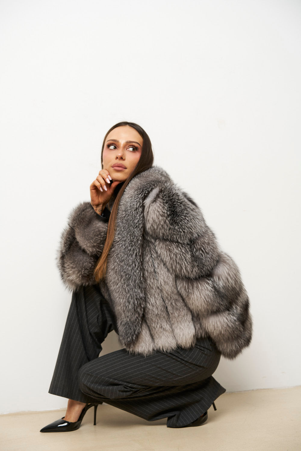Haină din Blană Naturală de Vulpe pentru Femei, Argintie, Gri, Mareus