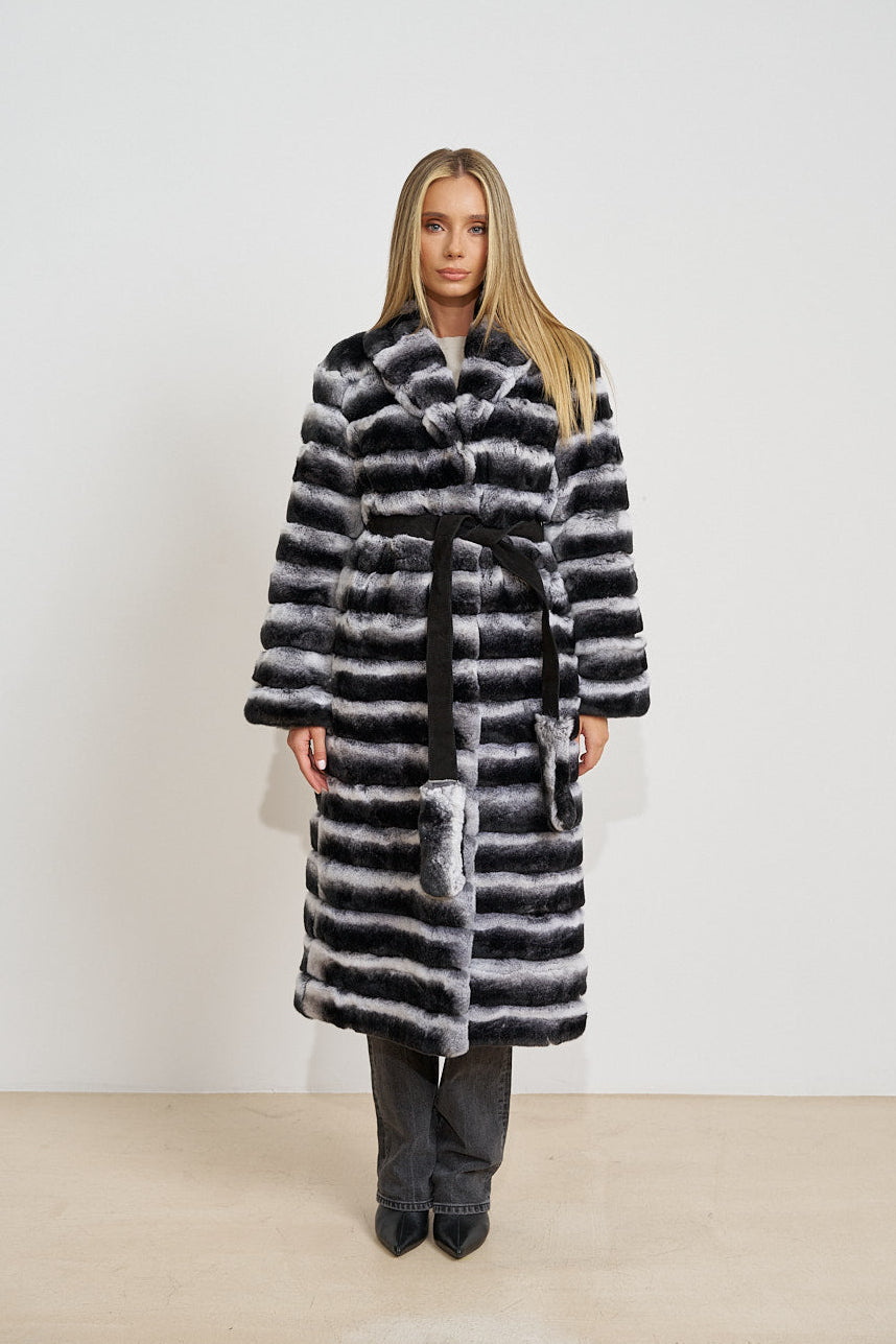 Haină Lungă din Blană Naturală de Rex Chinchilla, Transformabilă, cu Cordon, Silver Grey 699