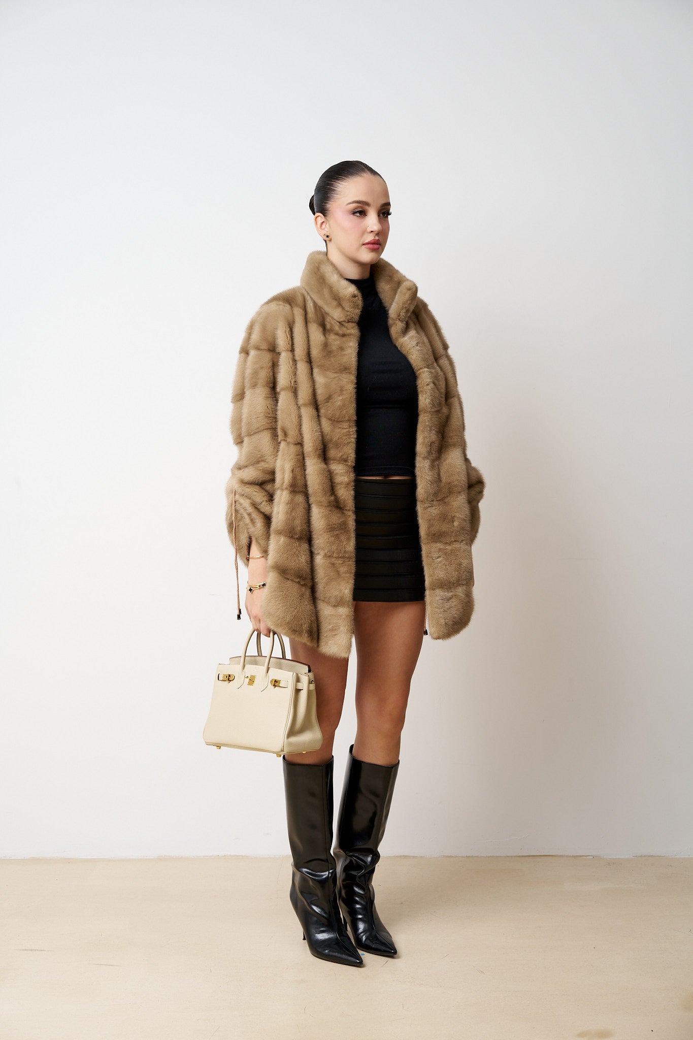 Haină din Blană Naturală de Vizon, Femei, Bej, Mareus