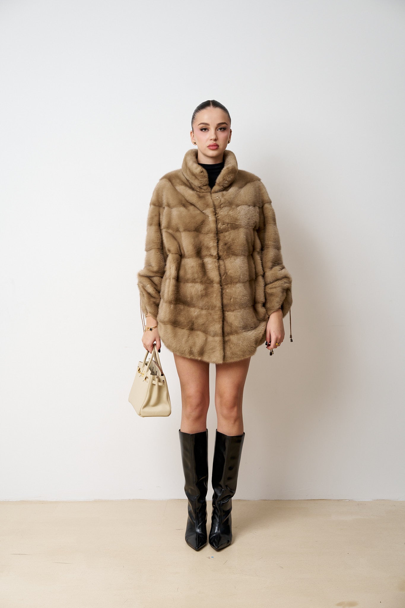 Haină din Blană Naturală de Vizon, Femei, Bej, Mareus