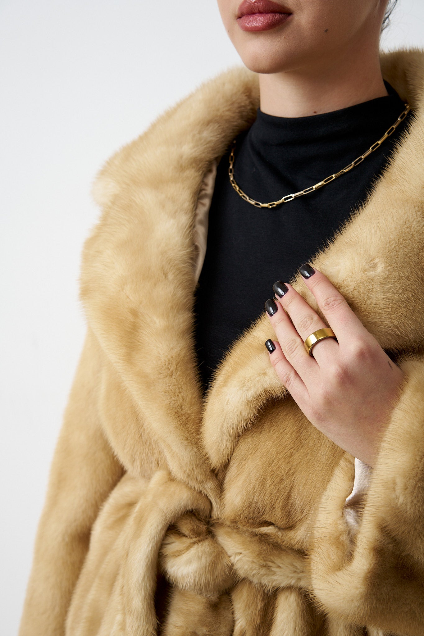 Haină din Blană Naturală de Vizon, cu Cordon, Champagne Gold 538