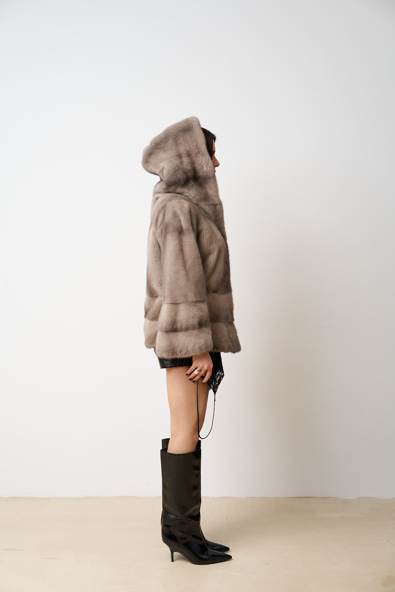 Haină din Blană Naturală de Vizon, Cu Gluga, Femei, Gri, Mareus