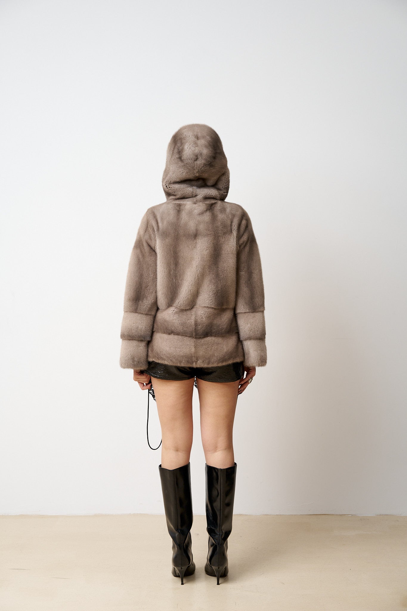 Haină din Blană Naturală de Vizon, Cu Gluga, Femei, Gri, Mareus