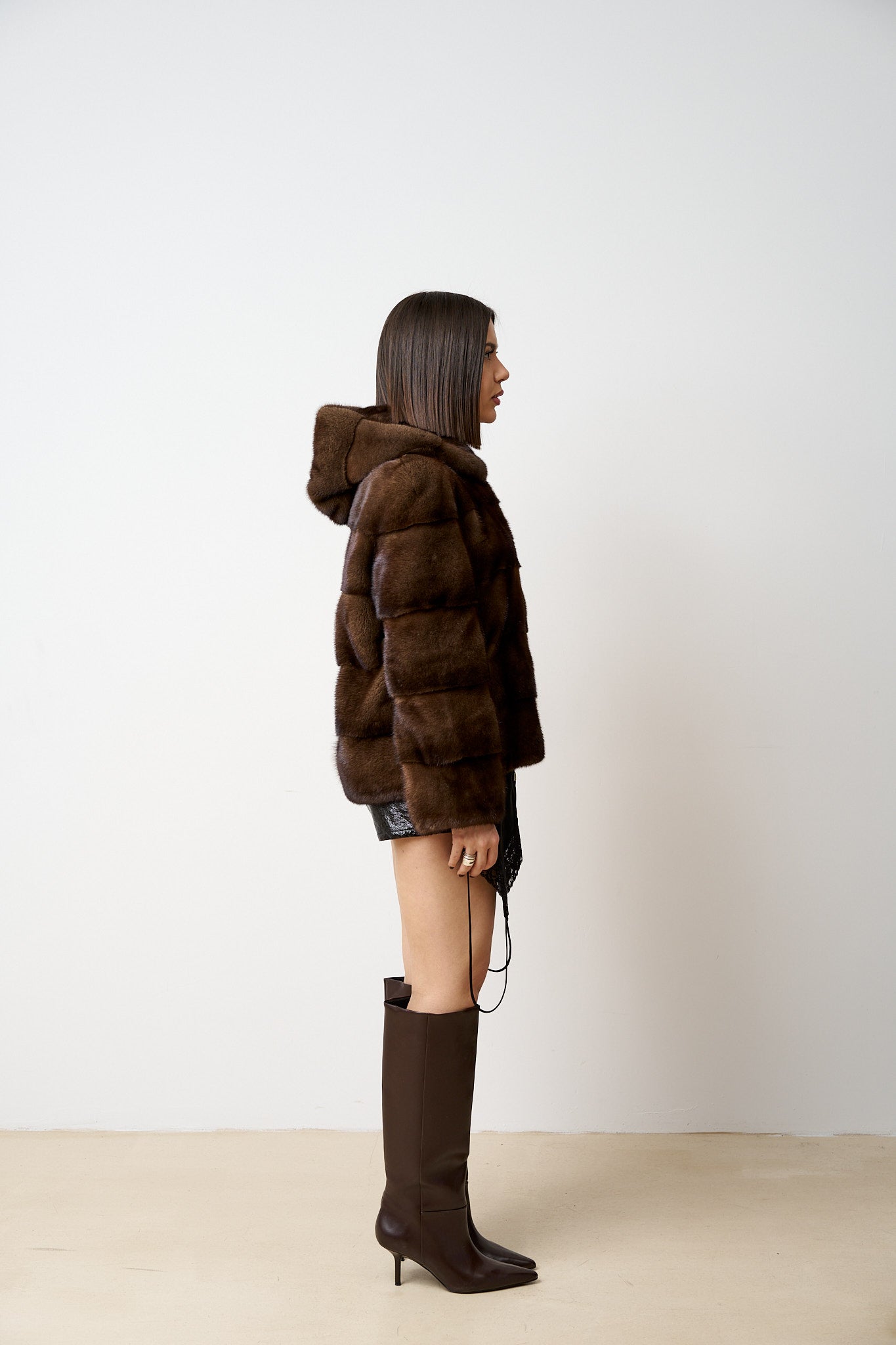 Haină din Blană Naturală de Vizon, Cu Gluga, Femei, Maro, Mareus