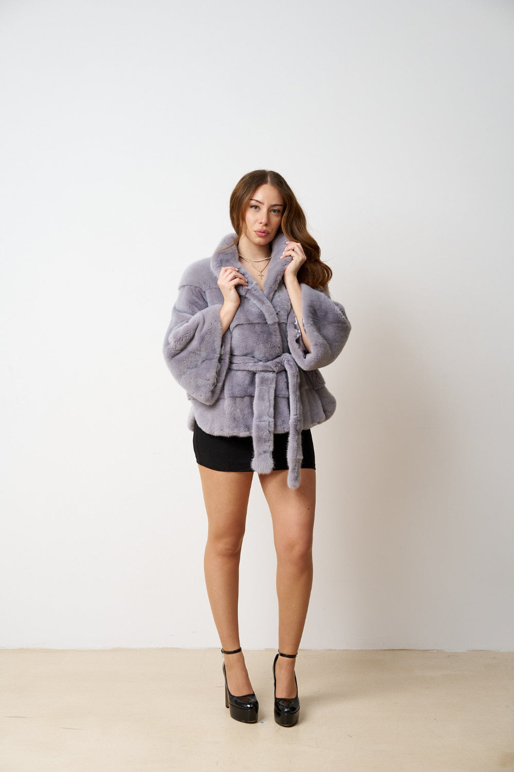 Haină din Blană Naturală de Vizon, cu Cordon, Femei, Liliac 483