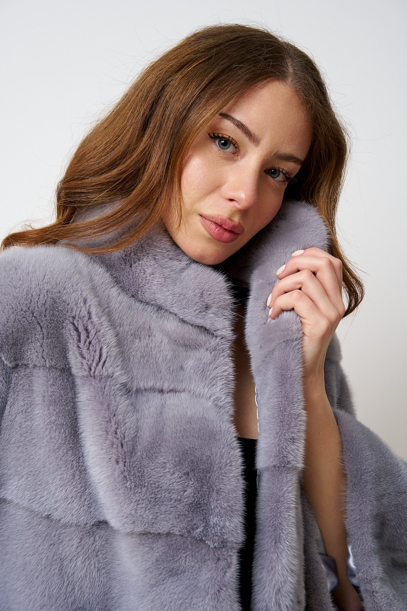 Haină din Blană Naturală de Vizon, cu Cordon, Femei, Liliac 483