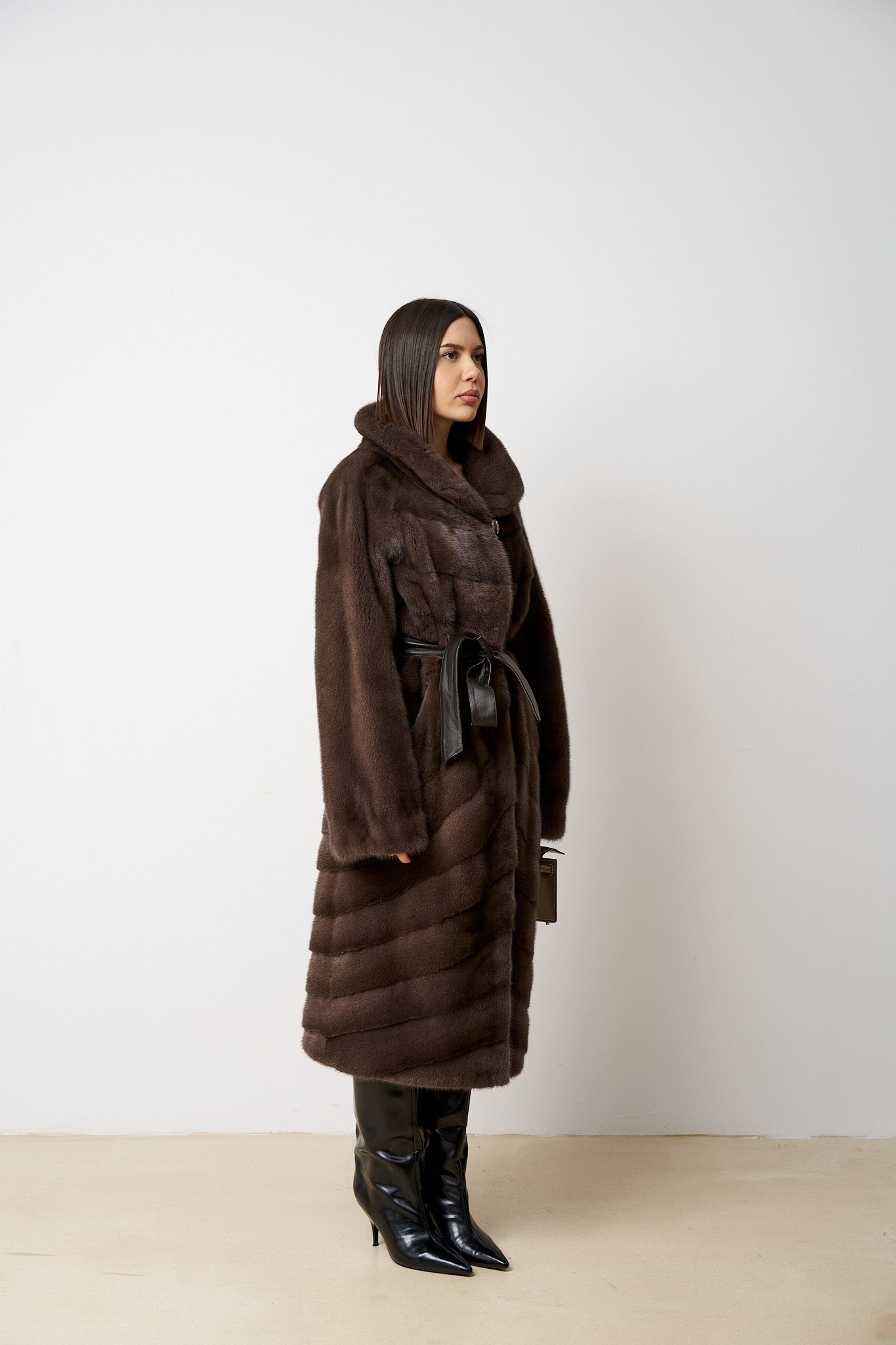 Haină din Blană Naturală de Vizon, cu Cordon, Maro, Mareus