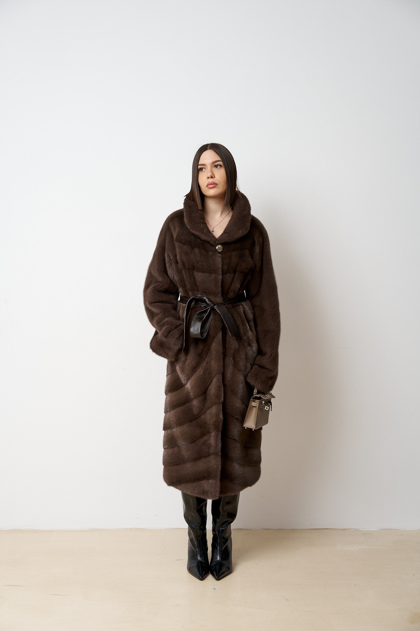 Haină din Blană Naturală de Vizon, cu Cordon, Maro, Mareus