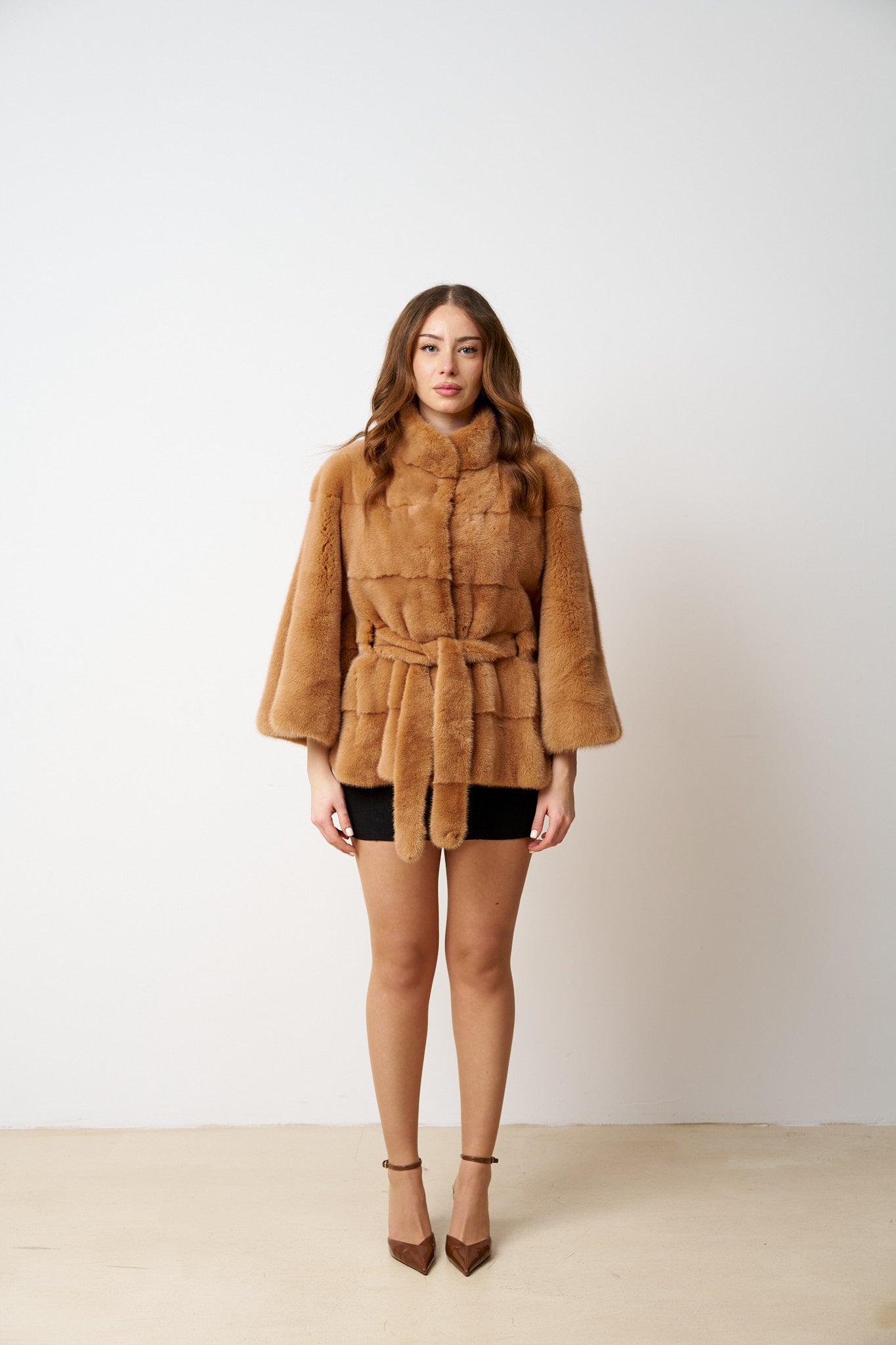 Women's Natural Mink Fur Coat with Drawstring, Caramel 512
