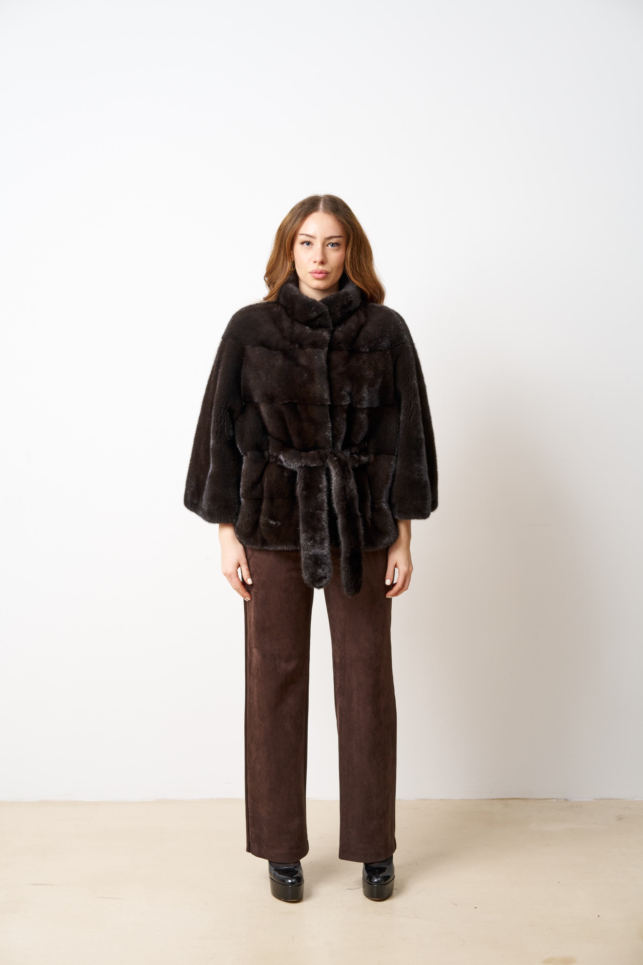 Haină din Blană Naturală de Vizon, cu Cordon, Femei, Olive Brown 514