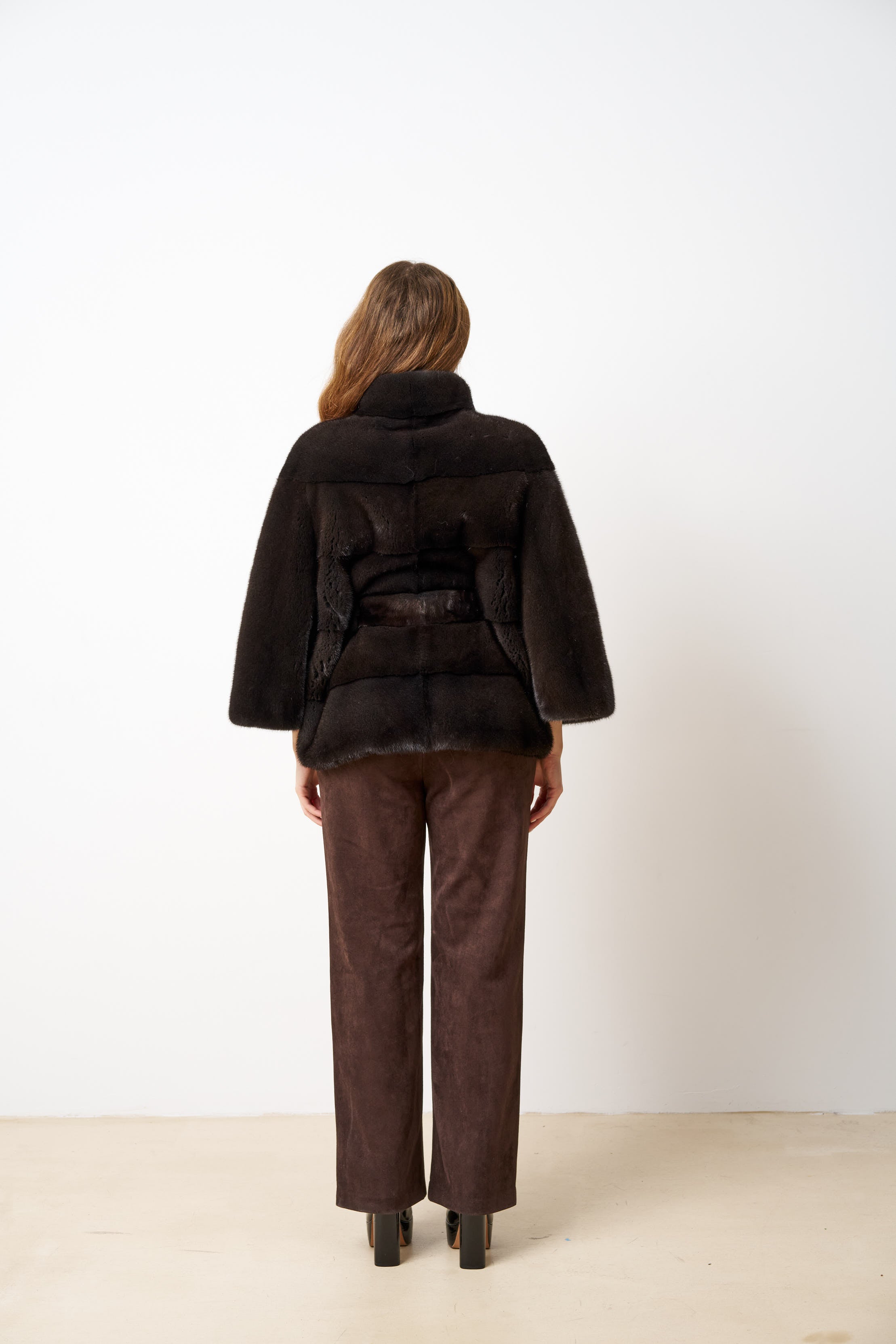 Haină din Blană Naturală de Vizon, cu Cordon, Femei, Olive Brown 514