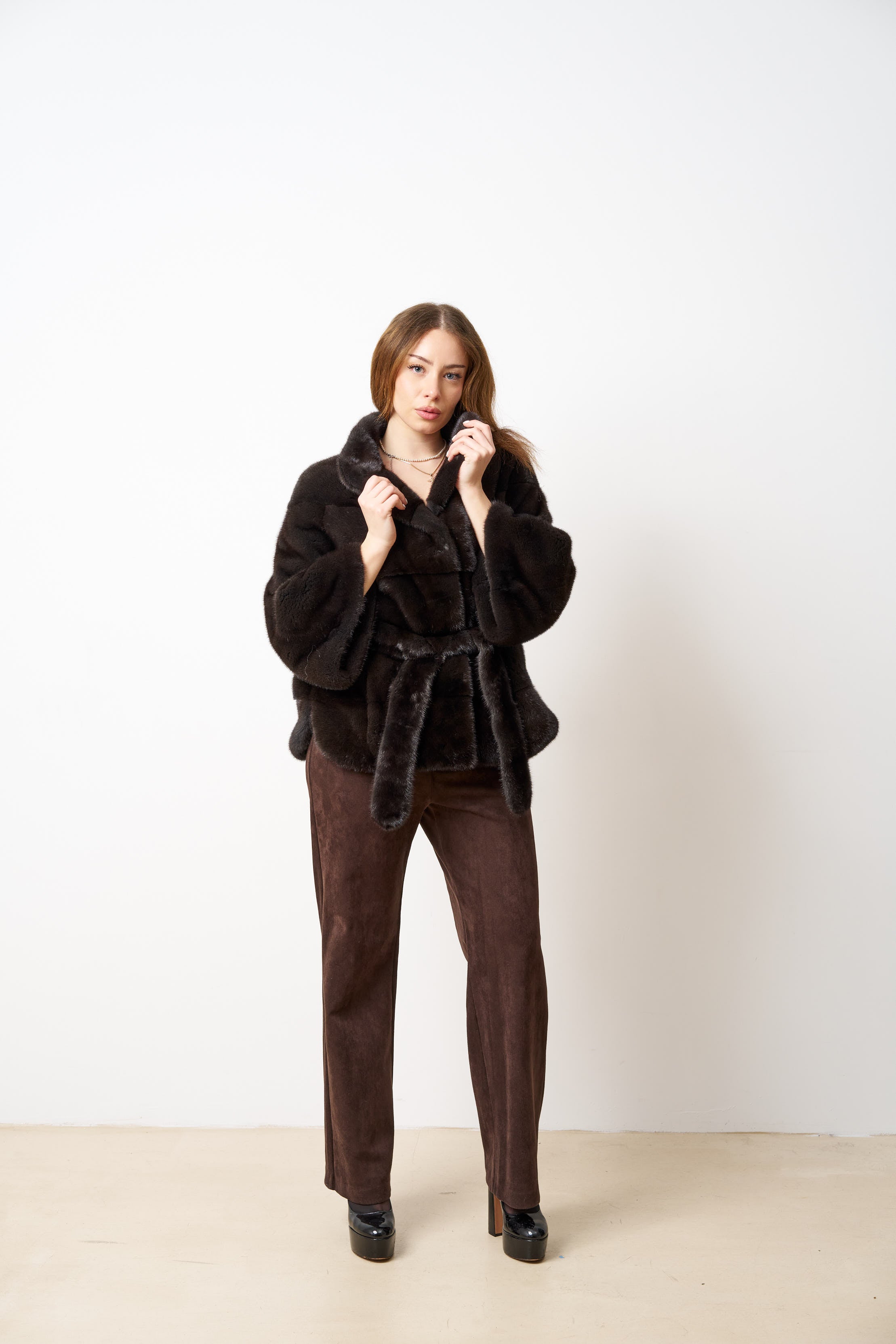 Haină din Blană Naturală de Vizon, cu Cordon, Femei, Olive Brown 514