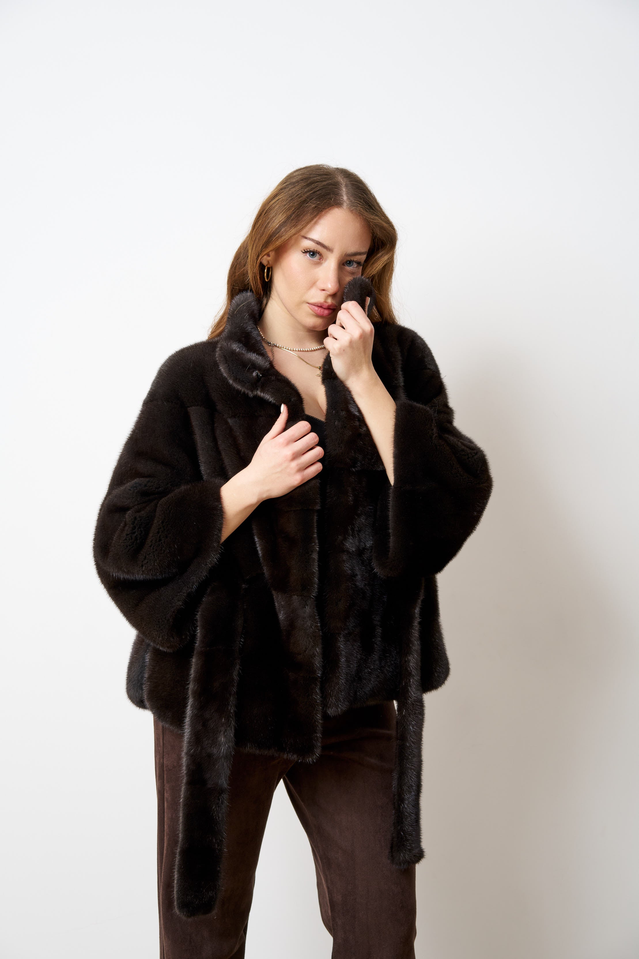 Haină din Blană Naturală de Vizon, cu Cordon, Femei, Olive Brown 514