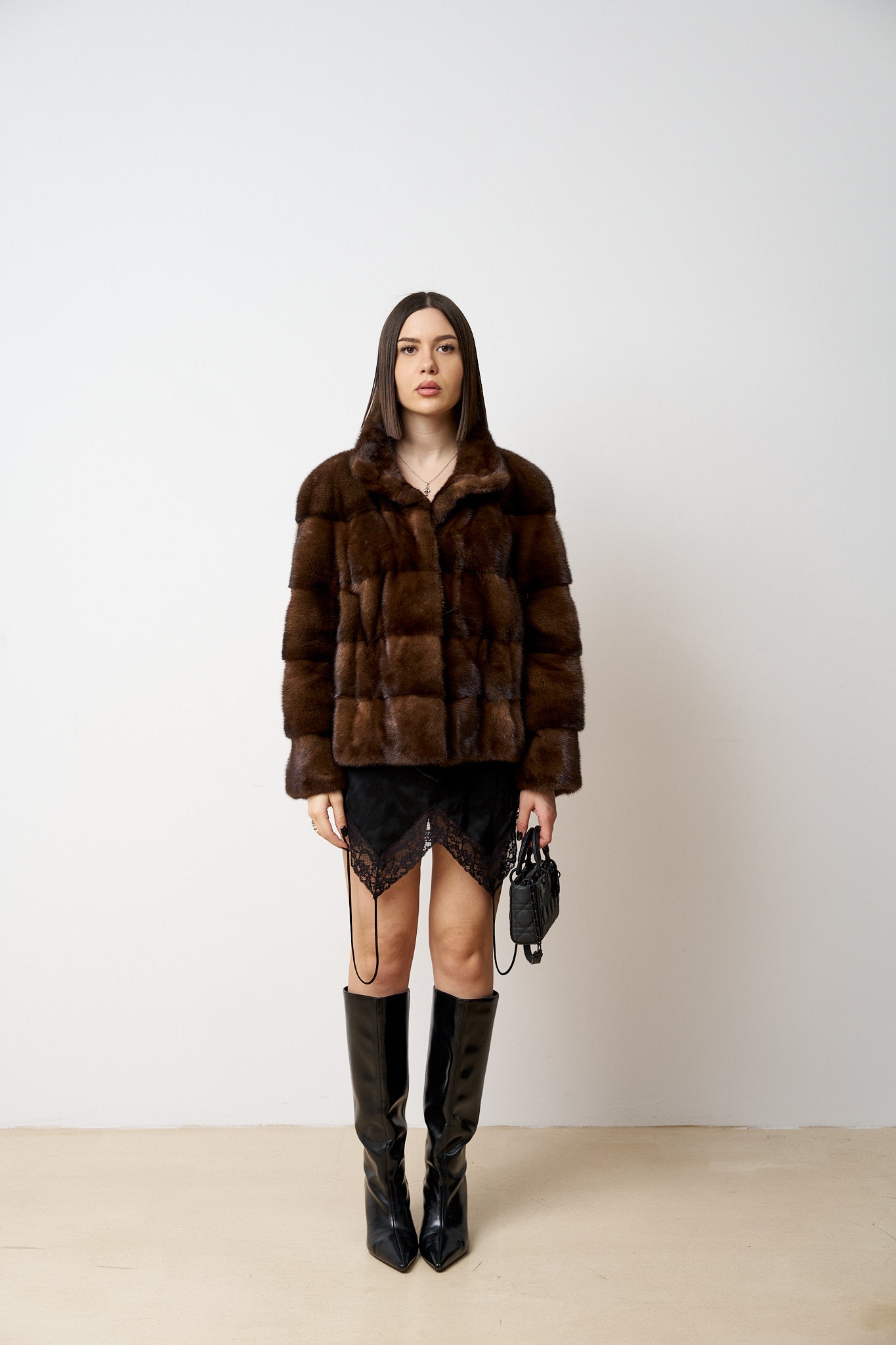Haină din Blană Naturală de Vizon, Femei, Maro, Mareus