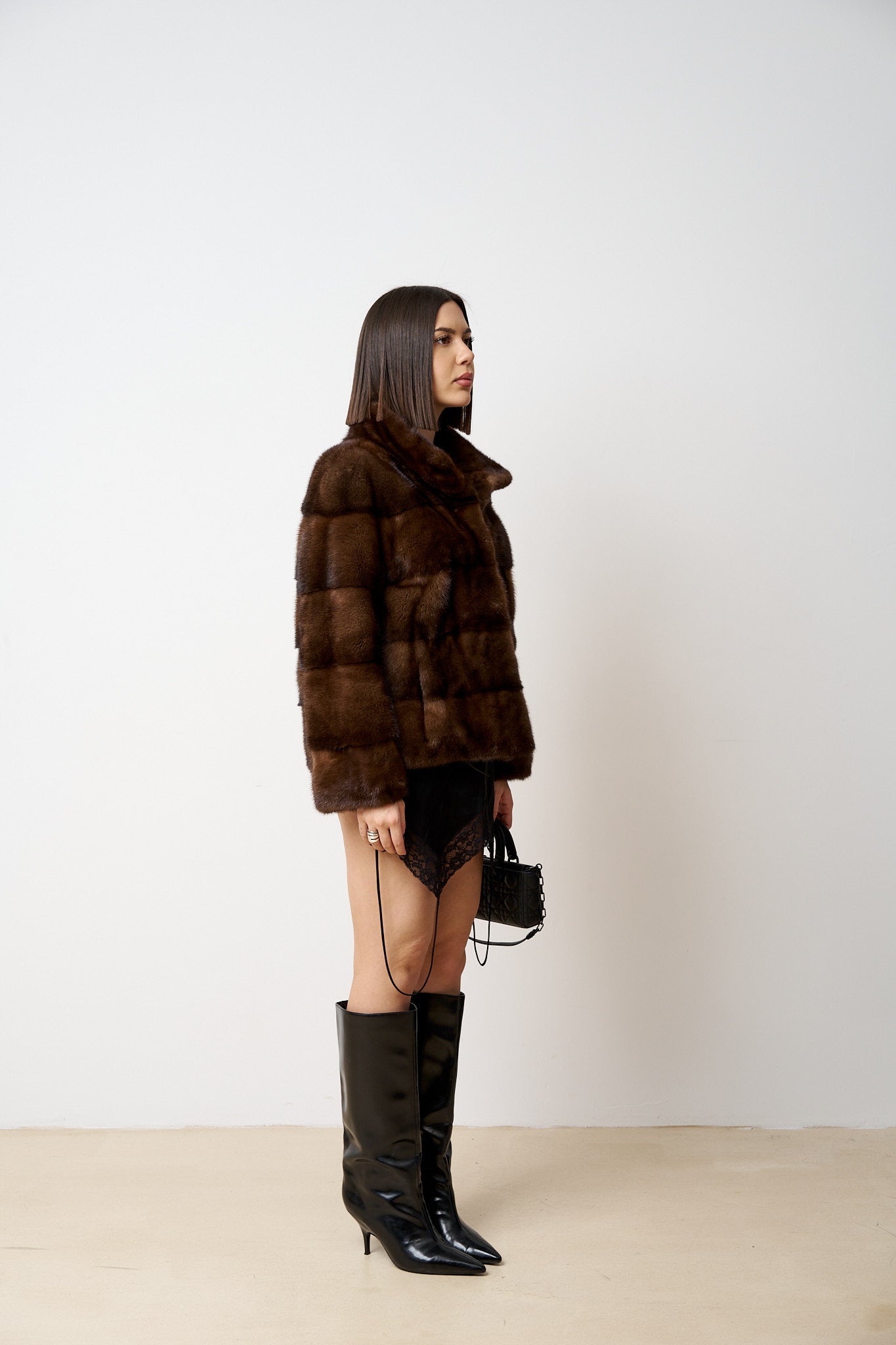 Haină din Blană Naturală de Vizon, Femei, Maro, Mareus