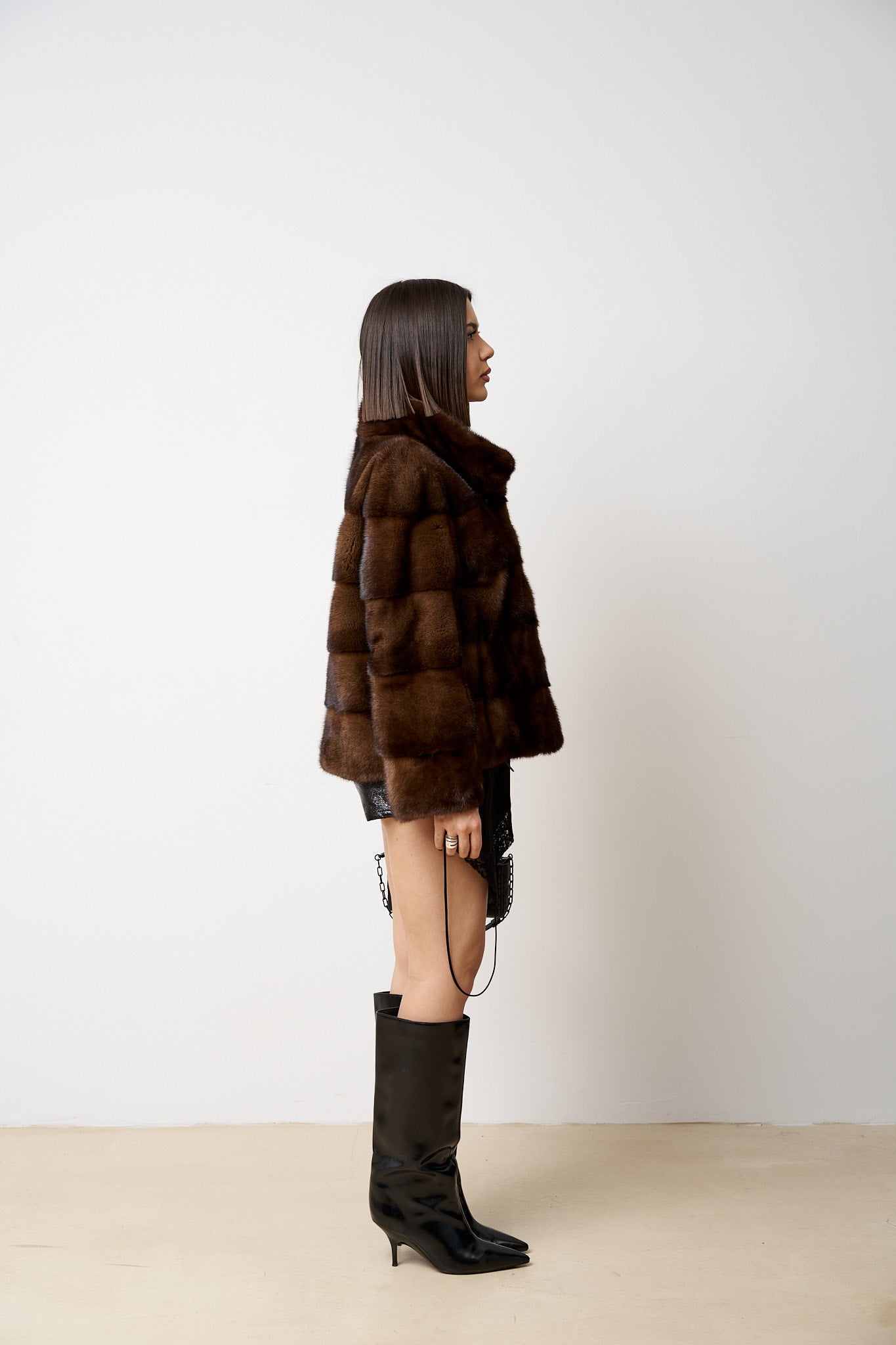 Haină din Blană Naturală de Vizon, Femei, Maro, Mareus