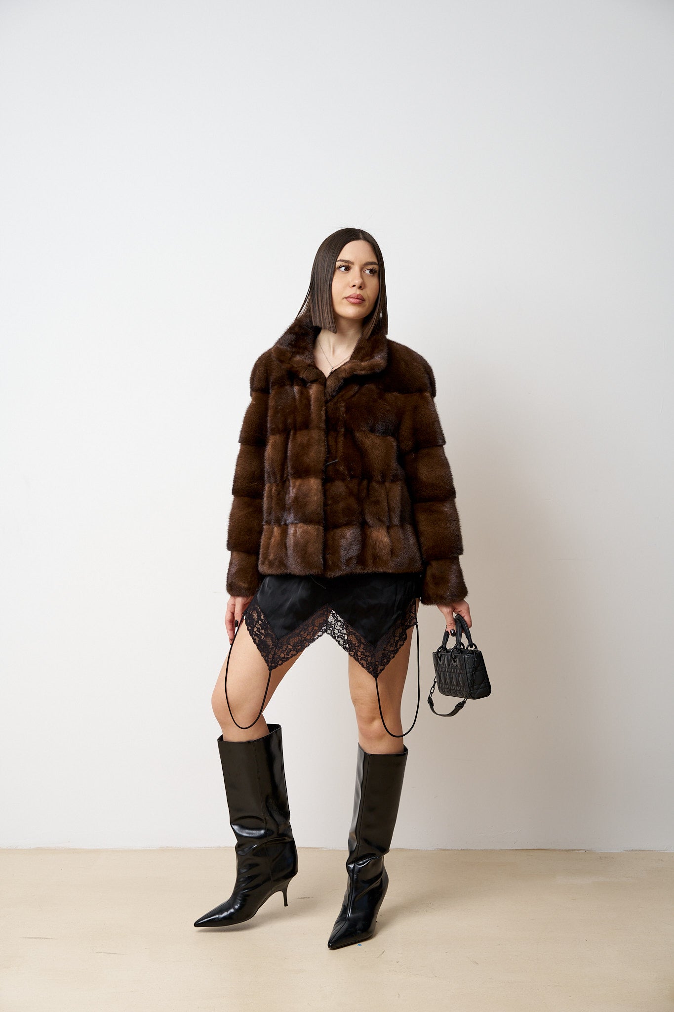 Haină din Blană Naturală de Vizon, Femei, Maro, Mareus