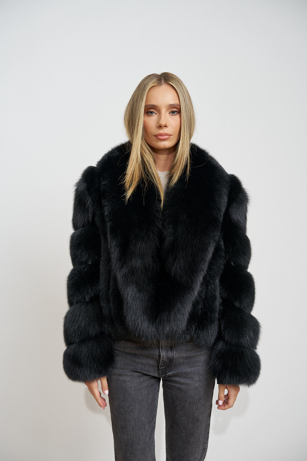 Short Natural Fox Fur Coat, Shawl Collar, Obsidian 672