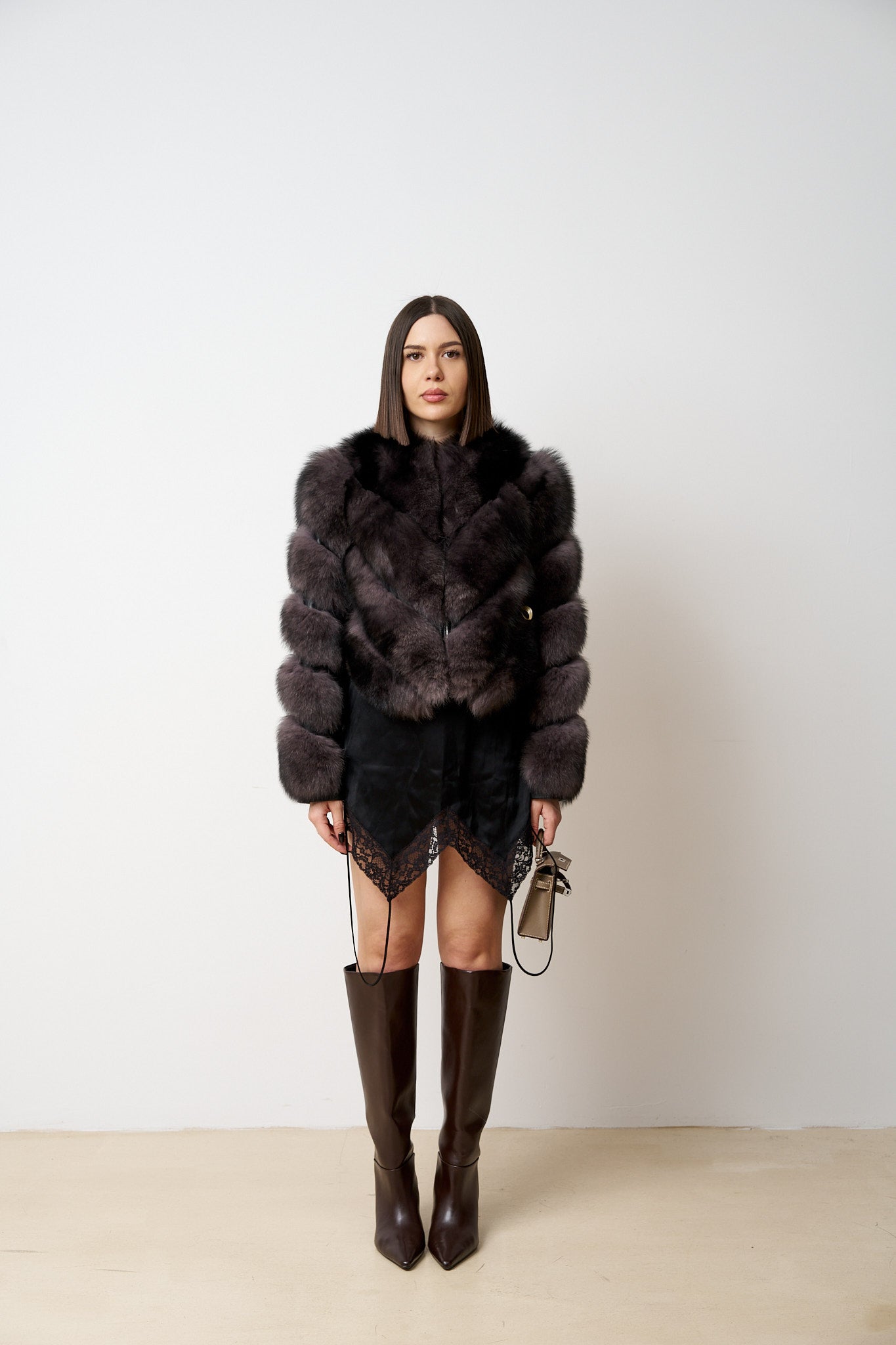 Haină din Blană Naturală de Vulpe cu Inserții din Piele, Model V, Maro, Mareus