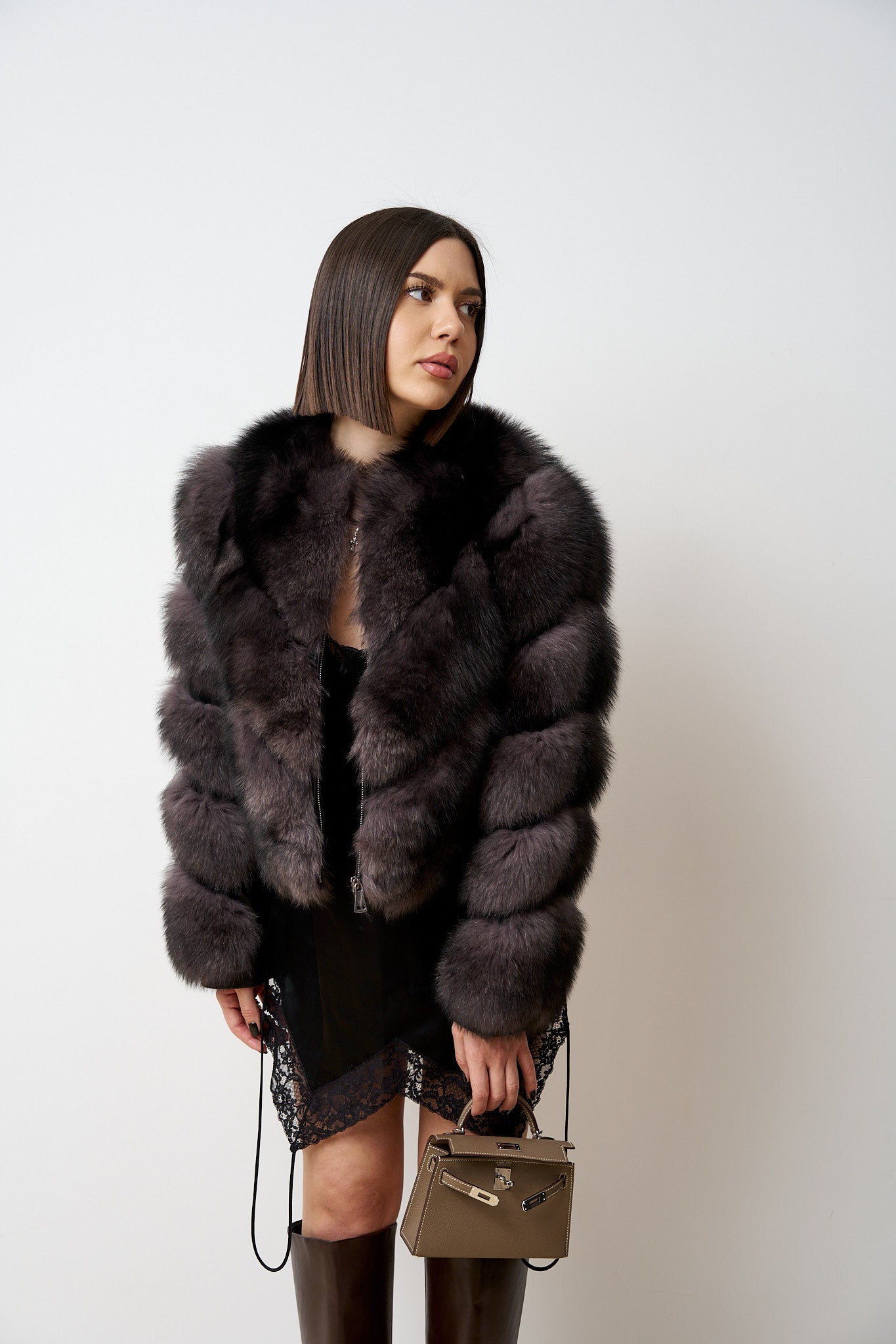 Haină din Blană Naturală de Vulpe cu Inserții din Piele, Model V, Maro, Mareus