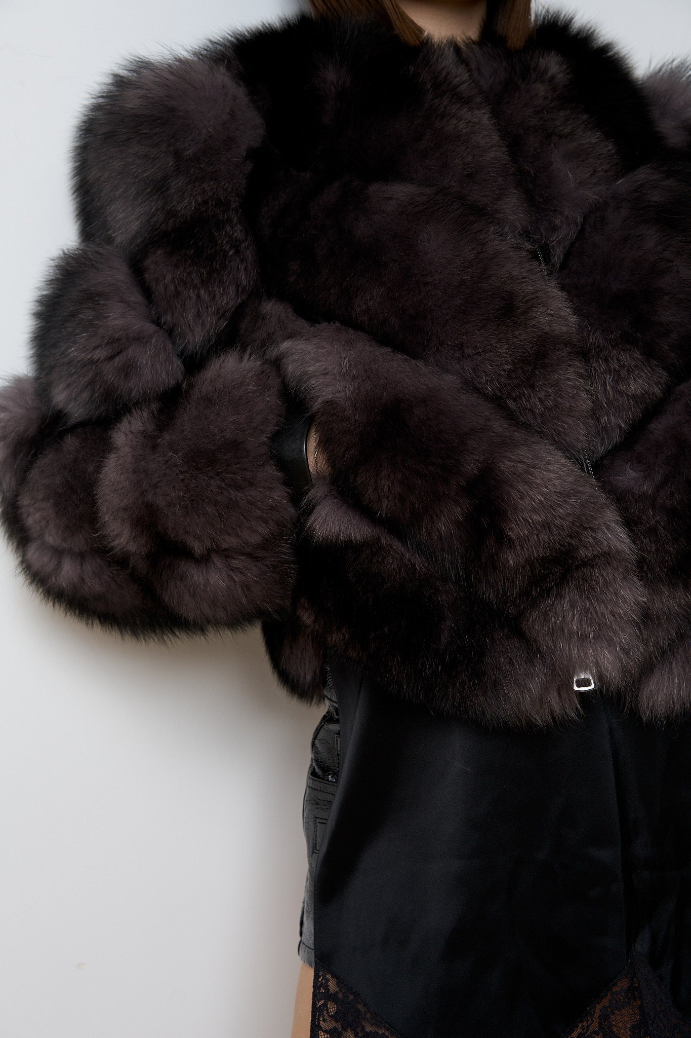 Haină din Blană Naturală de Vulpe cu Inserții din Piele, Model V, Maro, Mareus