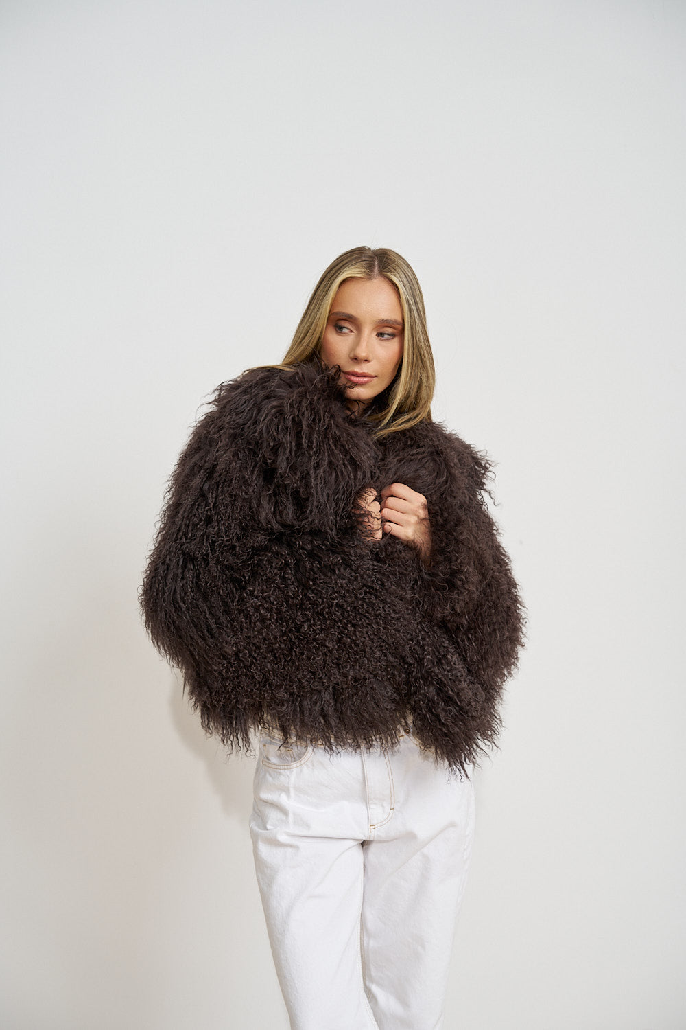Natural Tibetan Lamb Fur Coat, Lapel Collar, Oversized, Dark Chocolate 511