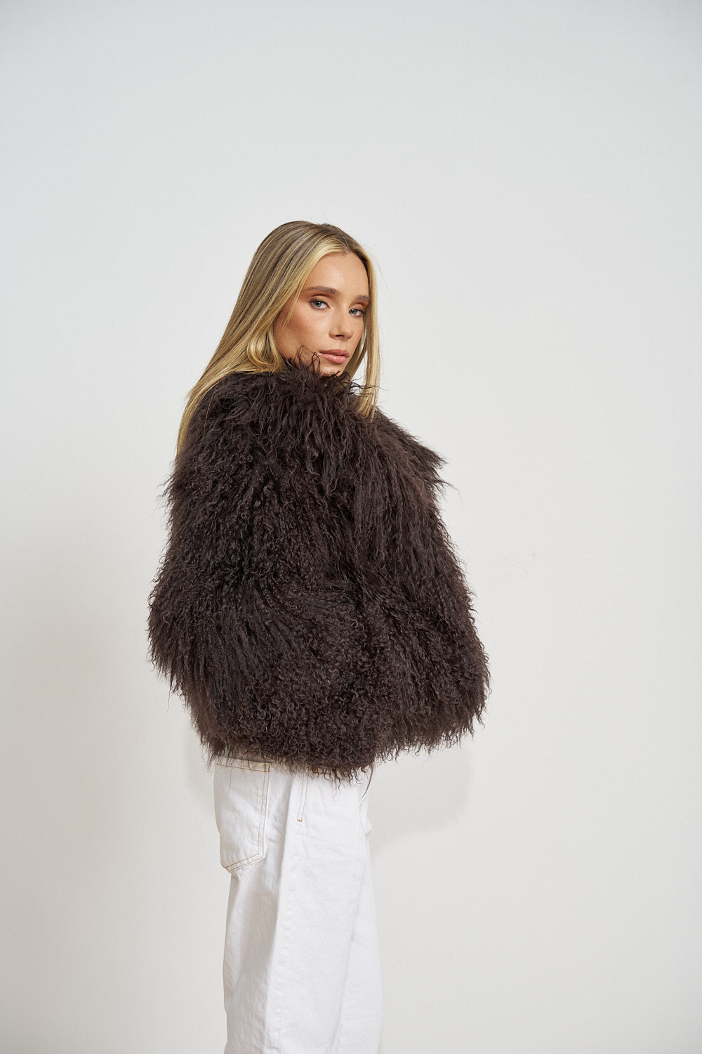 Natural Tibetan Lamb Fur Coat, Lapel Collar, Oversized, Dark Chocolate 511