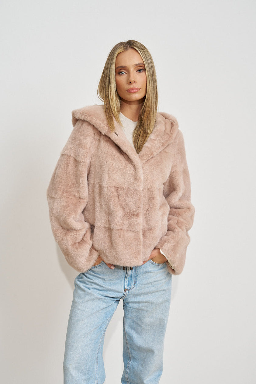 Haină Scurtă din Blană Naturală de Vizon, cu Glugă, Blush 698