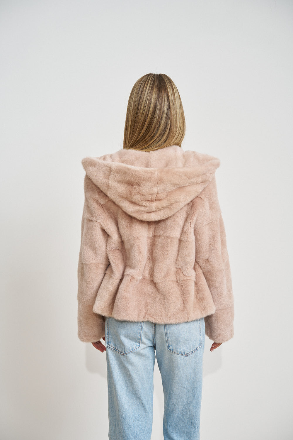 Haină Scurtă din Blană Naturală de Vizon, cu Glugă, Blush 698