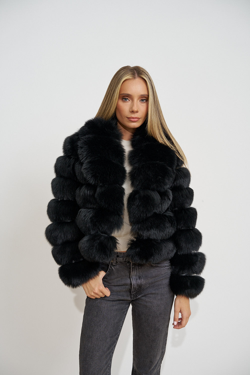 Women's Genuine Arctic Fox Fur Coat, Notched Collar, Midnight Black