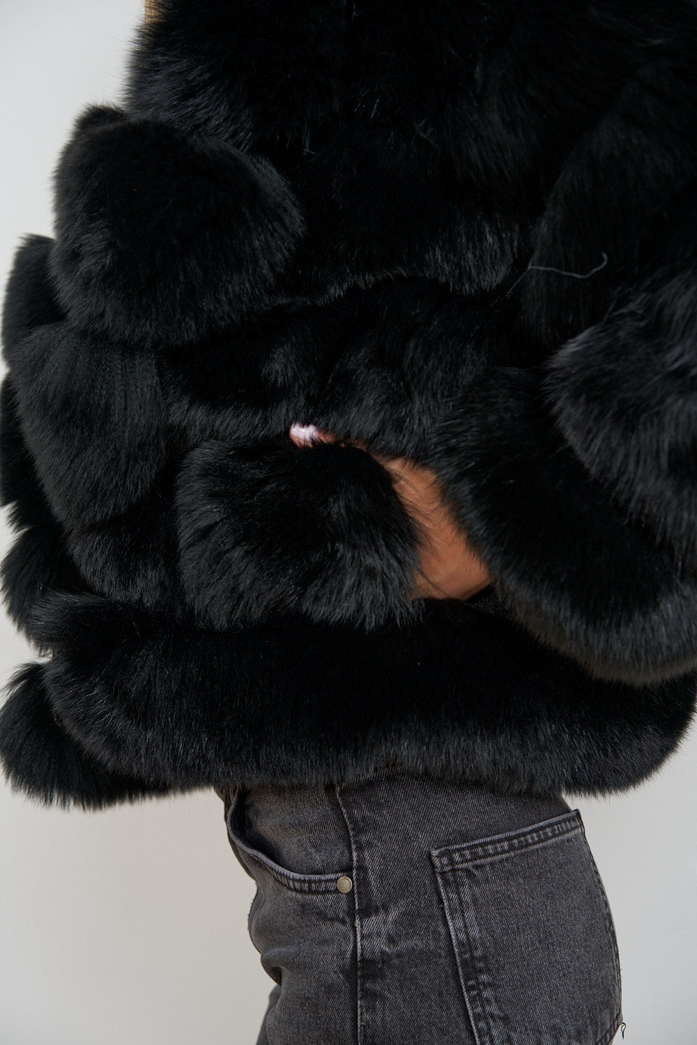 Women's Genuine Arctic Fox Fur Coat, Notched Collar, Midnight Black