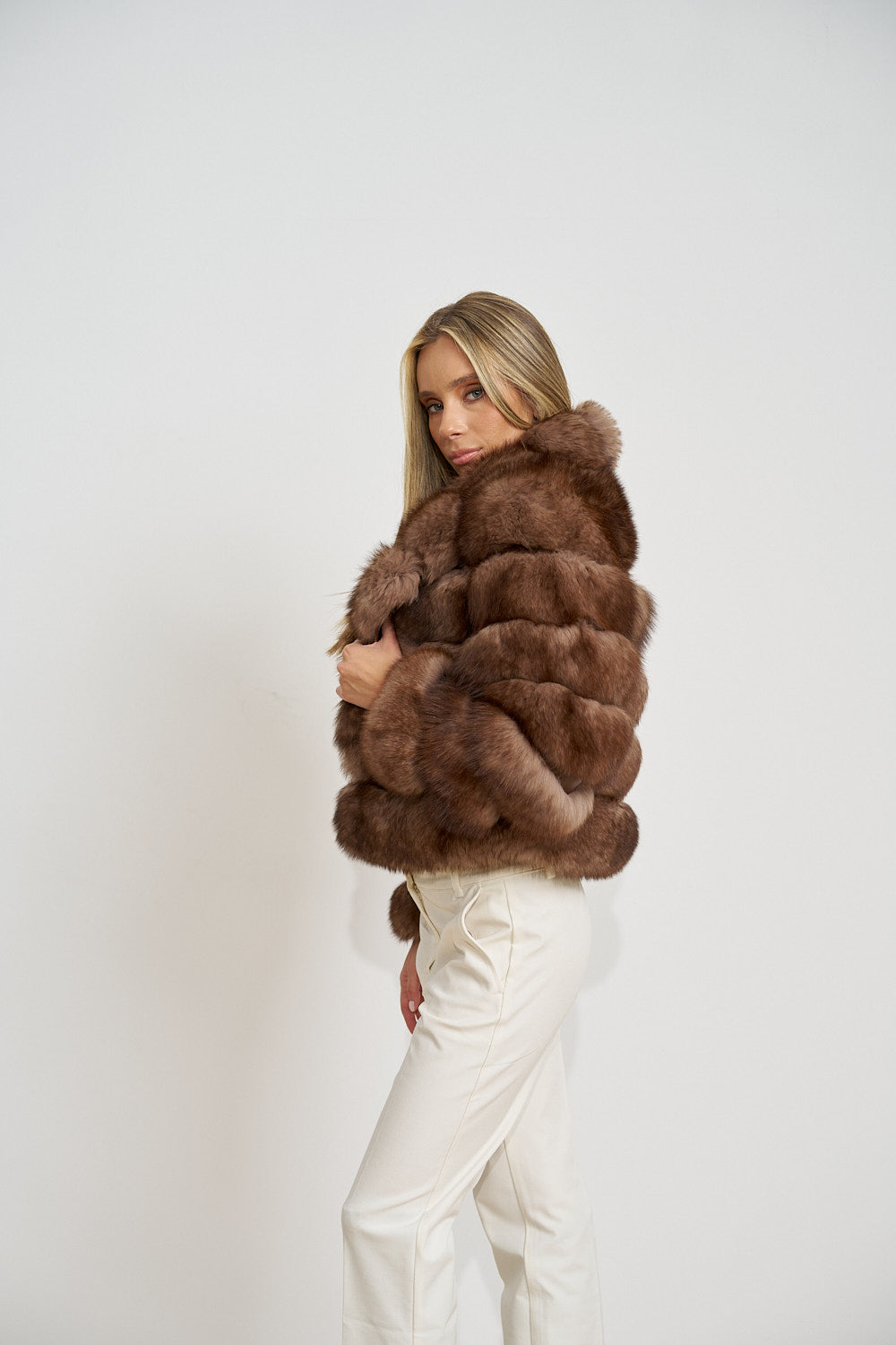 Women's Natural Polar Fox Fur Coat with Lapel Collar, Mocha Glaze 468