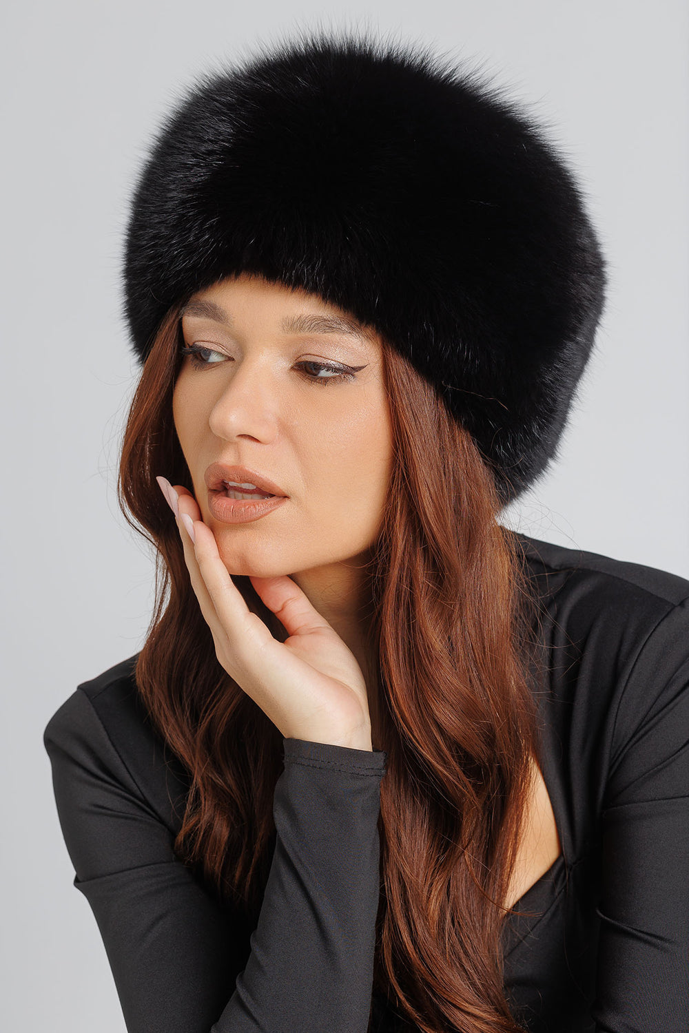 Natural Fox Fur Hat, Women, Obsidian 41