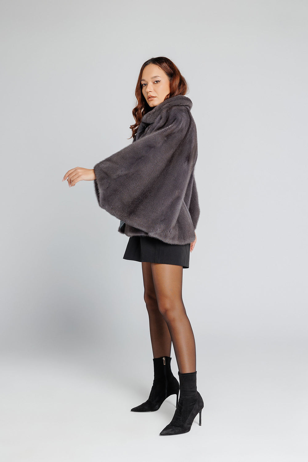 Women's Natural Mink Fur Cape with Leather Cord, Graphite 341