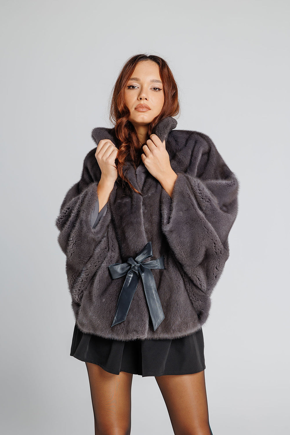 Women's Natural Mink Fur Cape with Leather Cord, Graphite 341