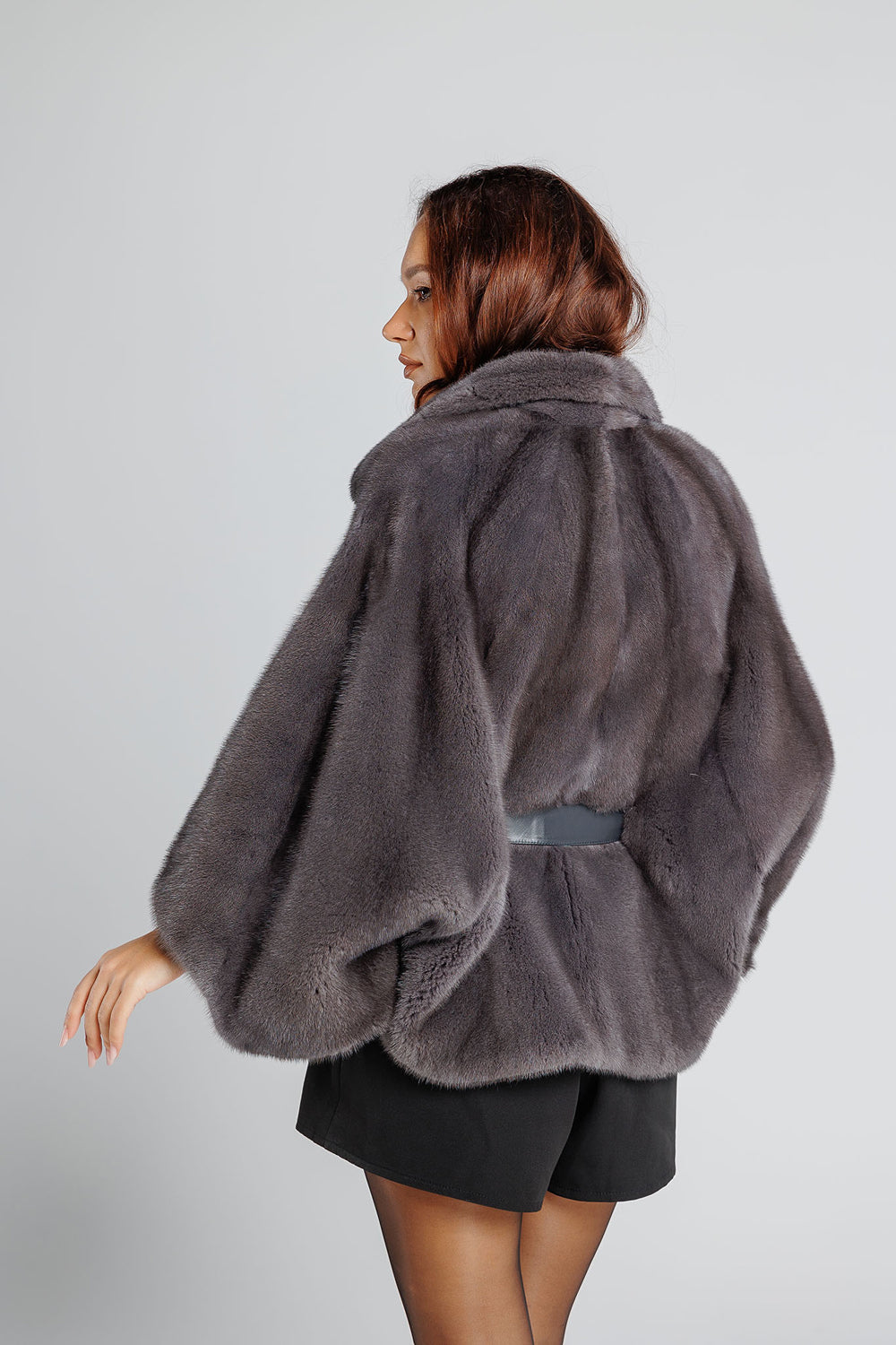 Women's Natural Mink Fur Cape with Leather Cord, Graphite 341