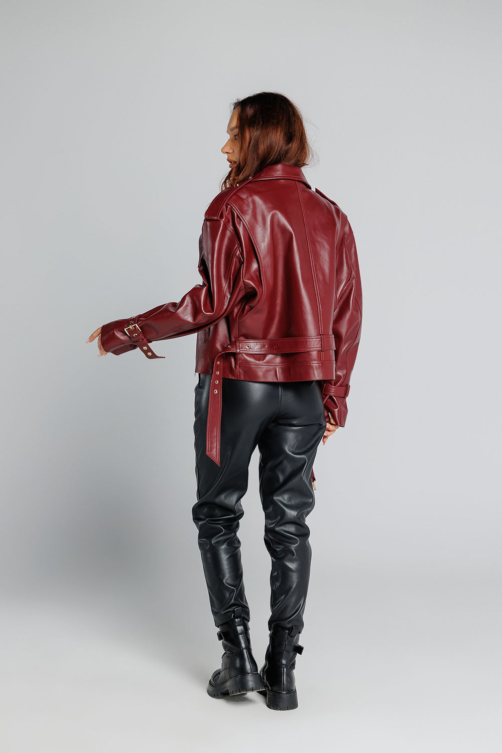 Geacă din Piele Naturală, Oversized,  Femei, Burgundy Gold 349