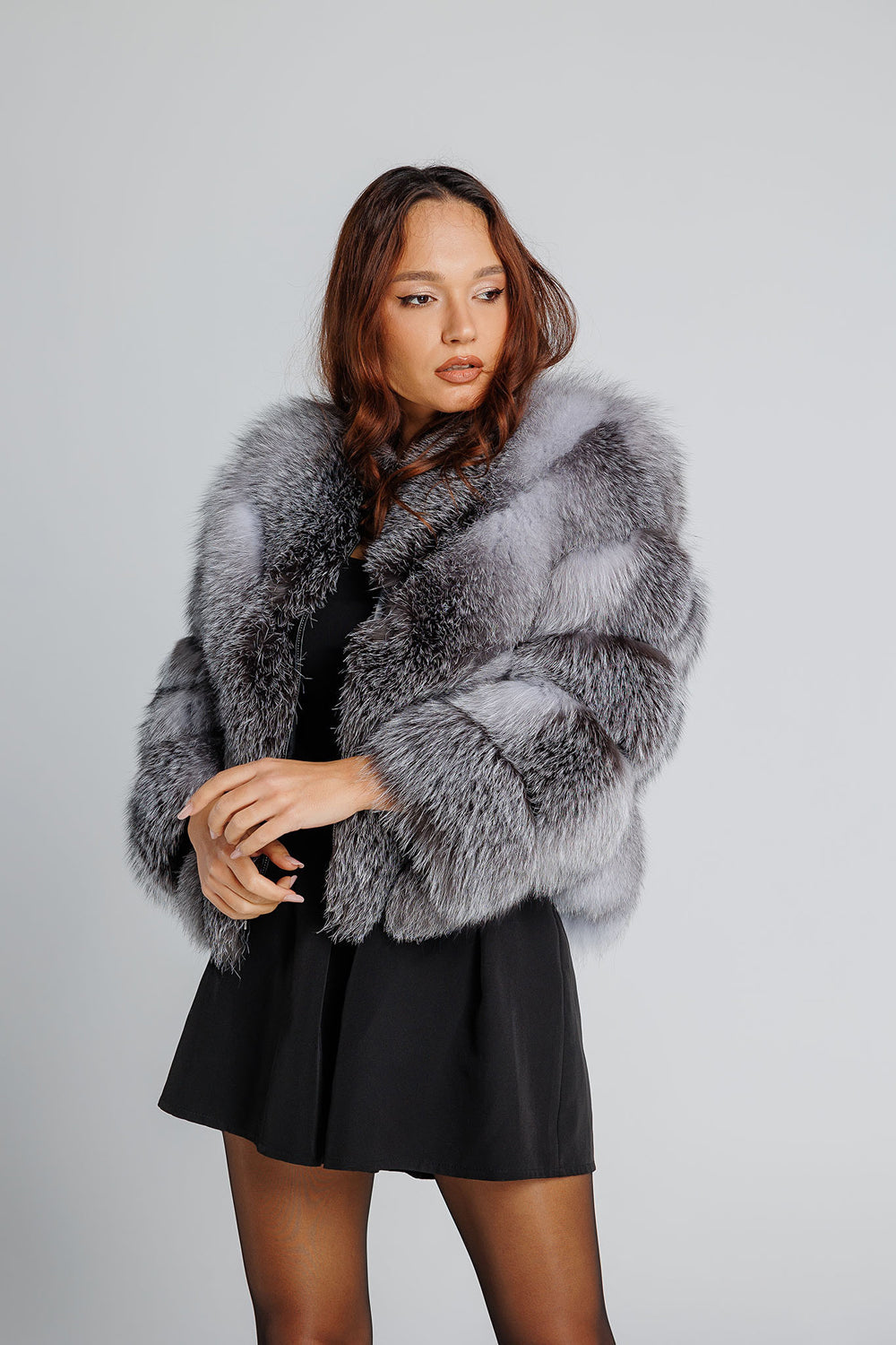 Natural Silver Fox Fur Coat, V Model, Convertible, Women, Grey Frost 349
