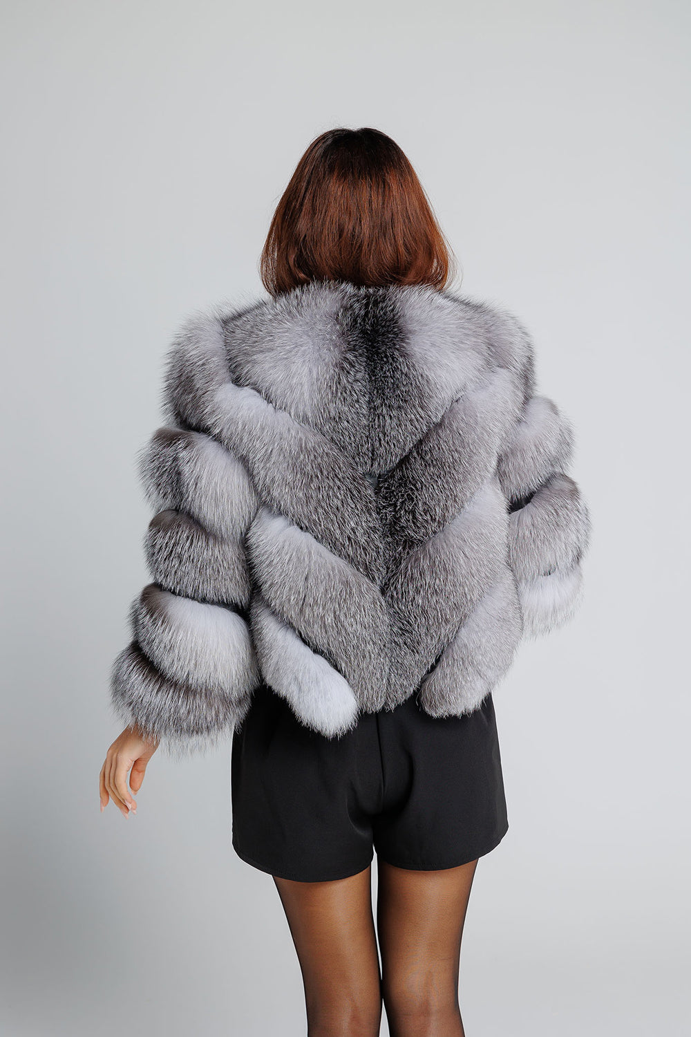 Natural Silver Fox Fur Coat, V Model, Convertible, Women, Grey Frost 349