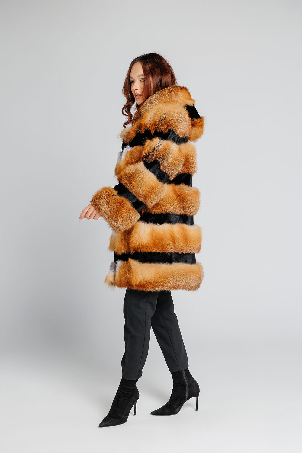 Women's Brown Frost Natural Canadian Fox Fur and Sheared Mink Fur Coat