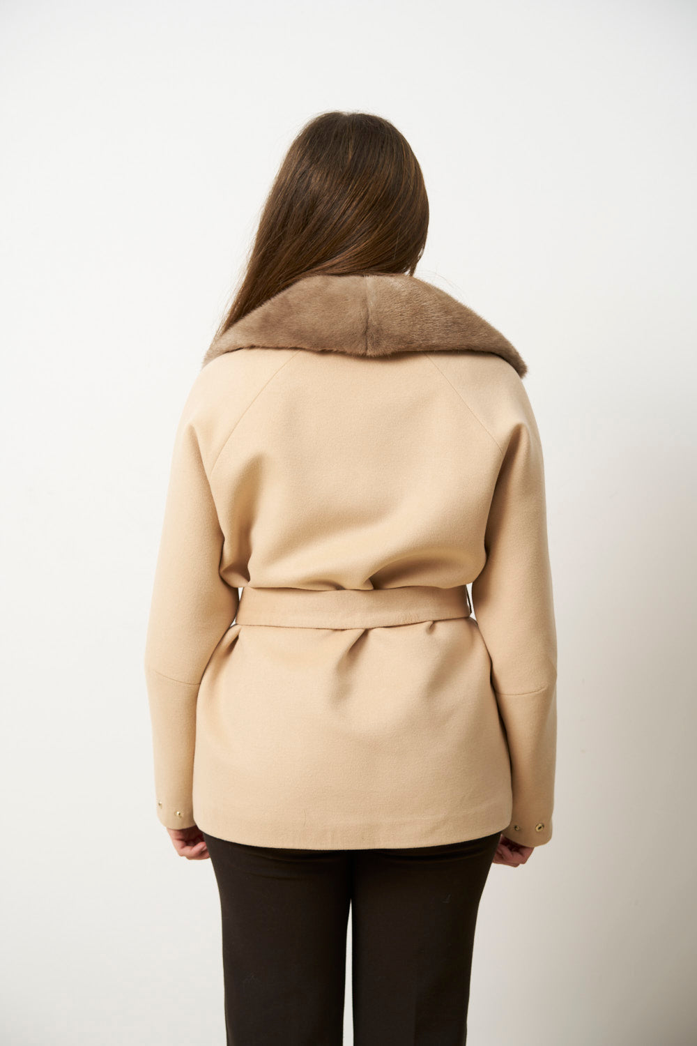 Palton din Cașmir cu Guler Detașabil din Blană Vizon, Bej Pastel, Mareus