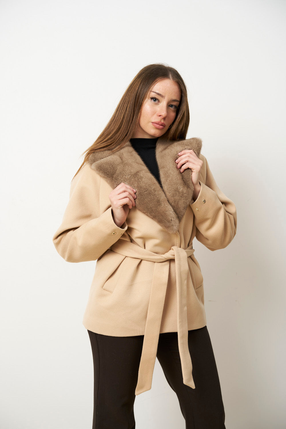 Palton din Cașmir cu Guler Detașabil din Blană Vizon, Bej Pastel, Mareus