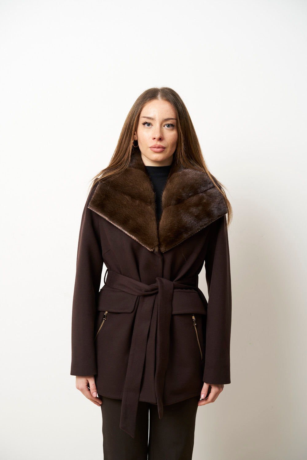 Palton din Cașmir cu Guler Detașabil din Blană Vizon, Maro, Mareus