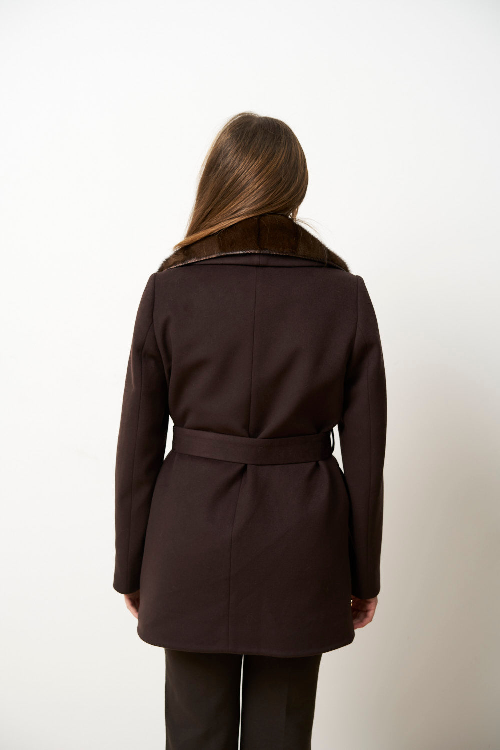 Palton din Cașmir cu Guler Detașabil din Blană Vizon, Maro, Mareus