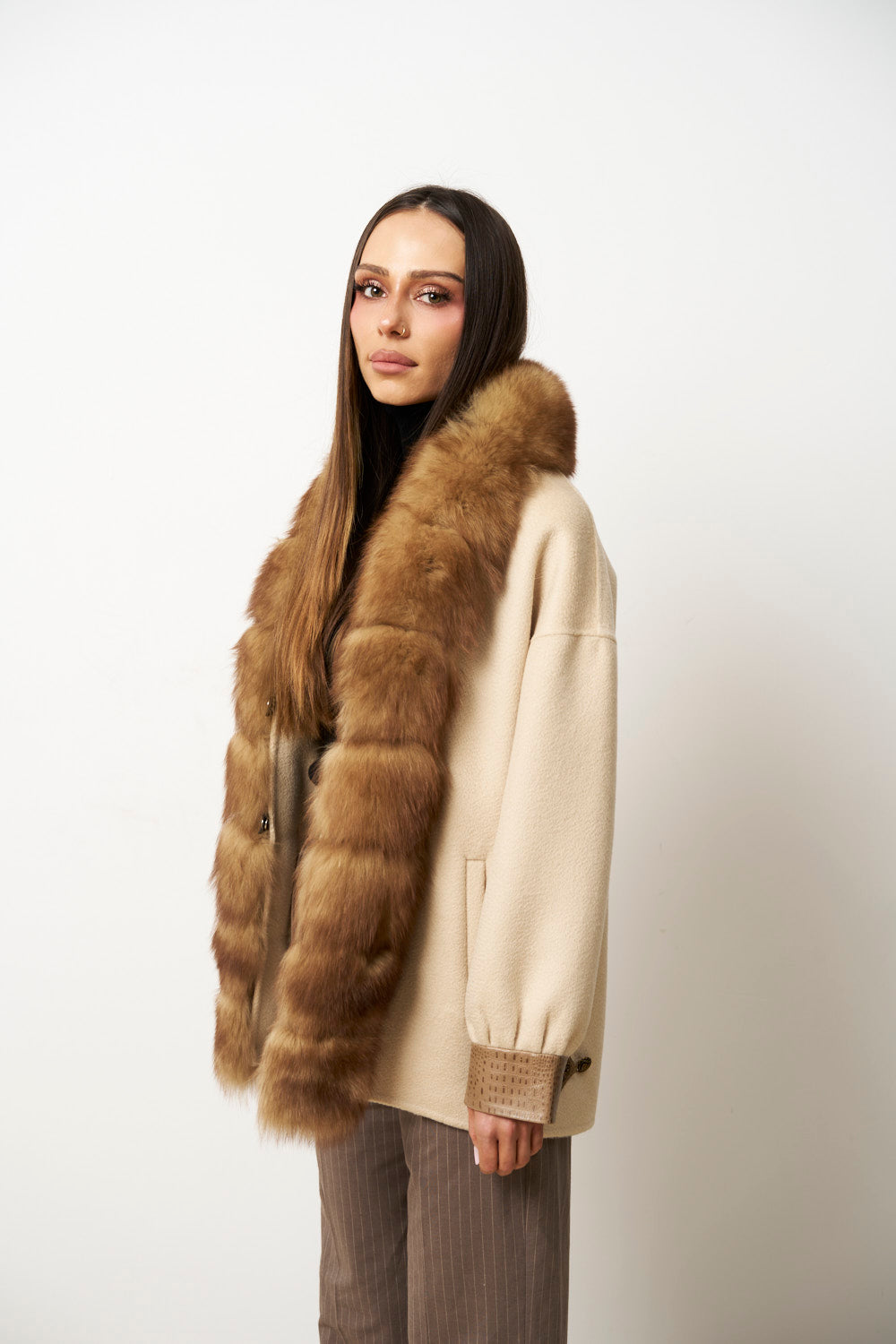 Palton din Lână cu Guler din Blană Vulpe pentru Femei, Bej Perlat, Mareus