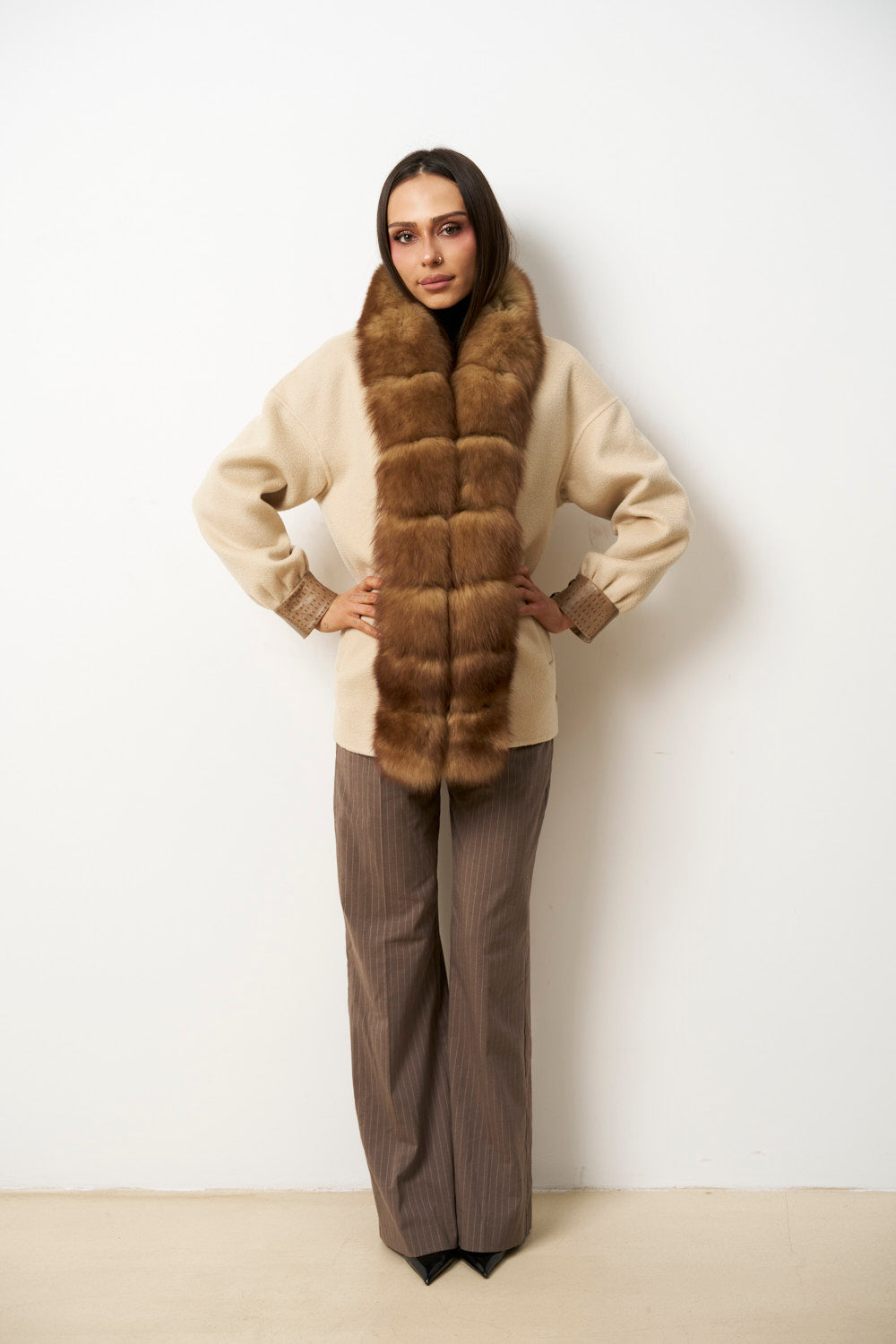 Palton din Lână cu Guler din Blană Vulpe pentru Femei, Bej Perlat, Mareus
